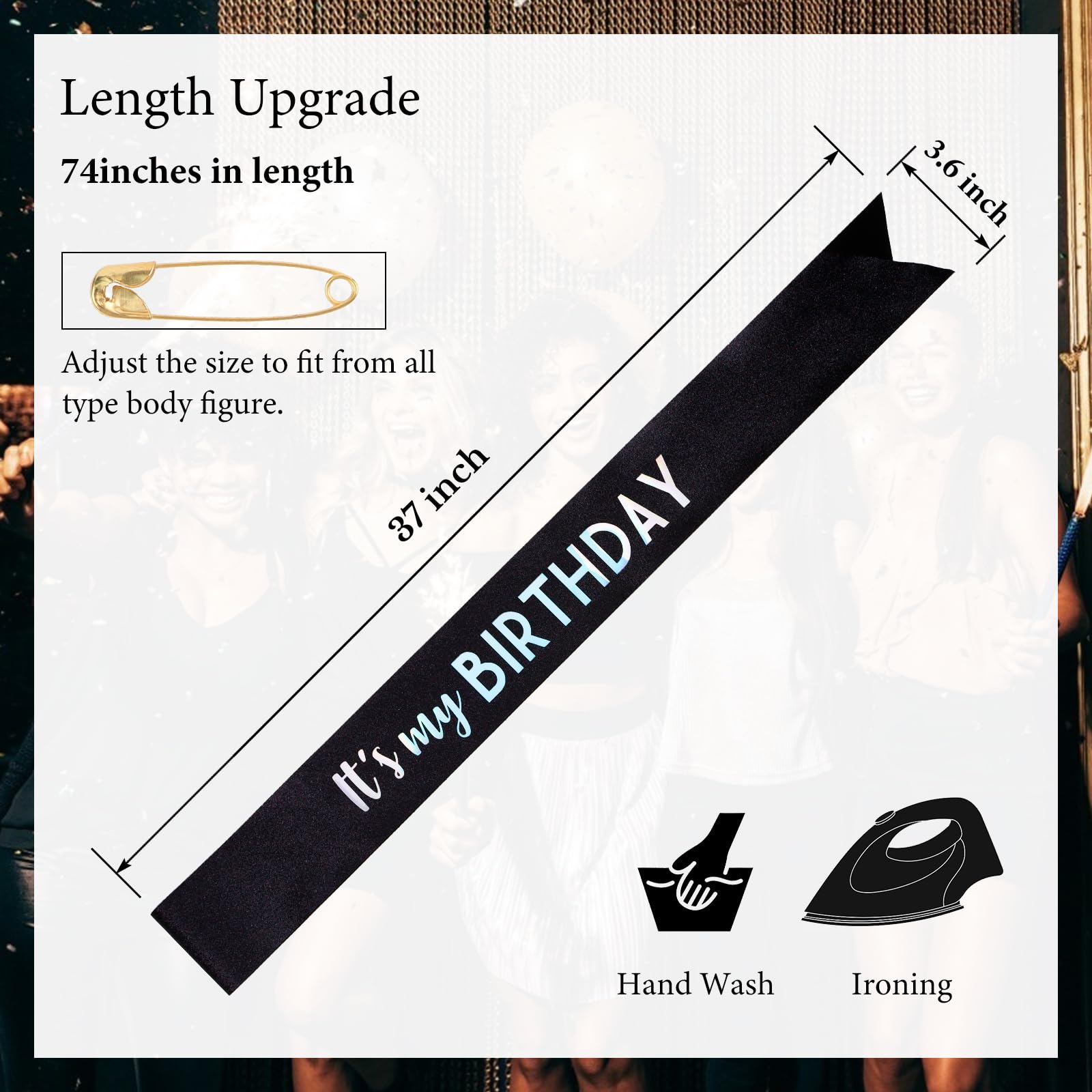 CIEHER 71.65 L x 3.6 W Black Birthday Sash - It's My Birthday Glitter Fabric Sash for Women, Girls, and All Ages