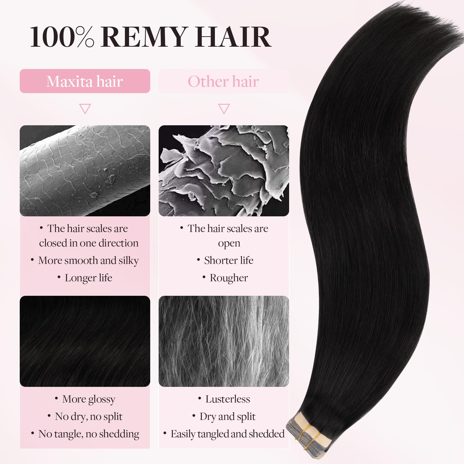 Maxita Tape In Hair Extensions Jet Black 100% Remy Human Hair 22 Inch 40Pcs 100G/Pack Straight Seamless Real Hair Extensions Tap