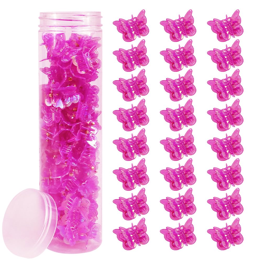 Ahoney 60PCS Mini Butterfly Hair Clips for Hair with Box Glitter 90s Y2k Pink Hair Accessories for Girls Women (Hot Pink)