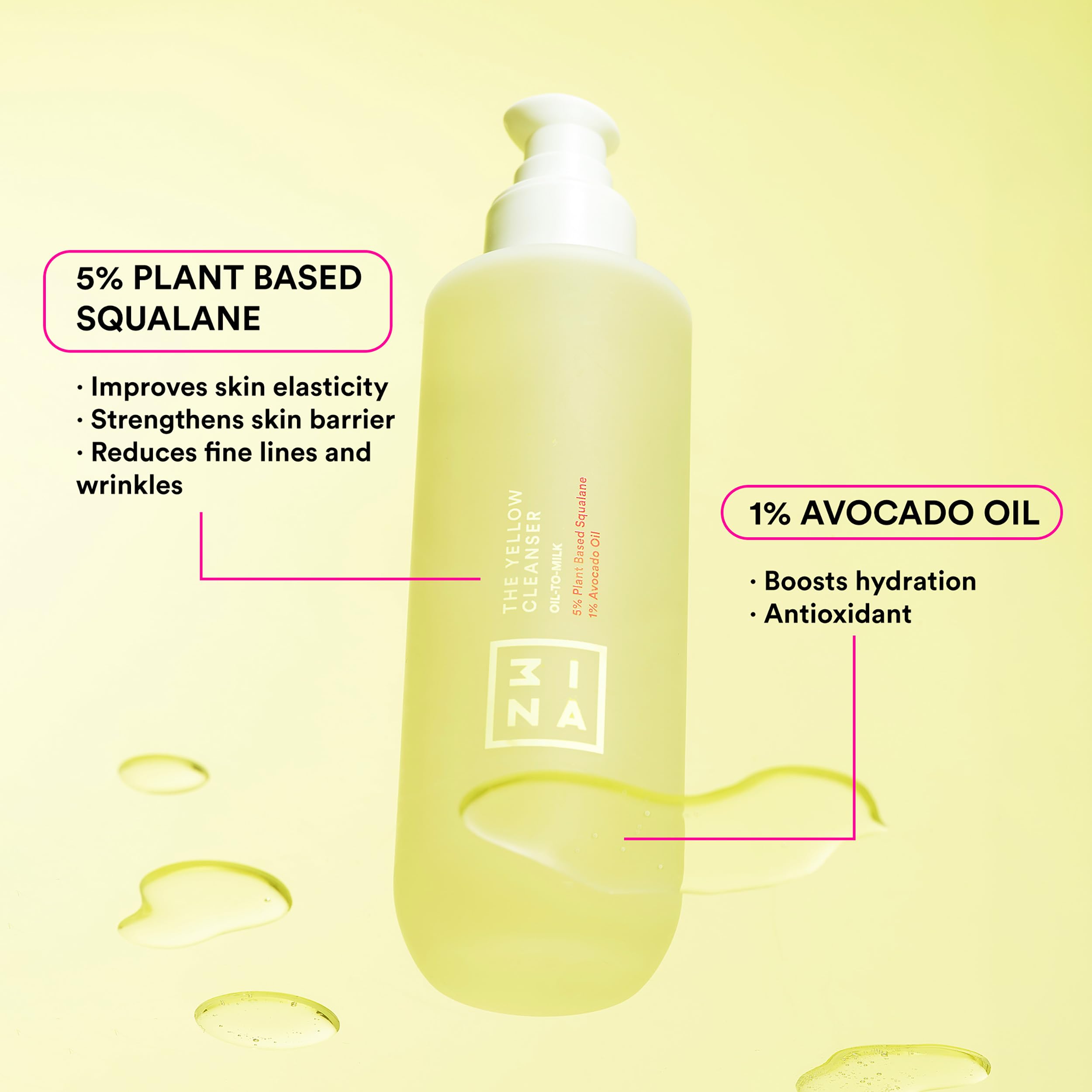 3INA MAKEUP - The Yellow Cleanser - Oil Cleanser 5% Plant-Based Squalane + 1% Avocado Oil - Cleansing Oil Face for Improve Skin