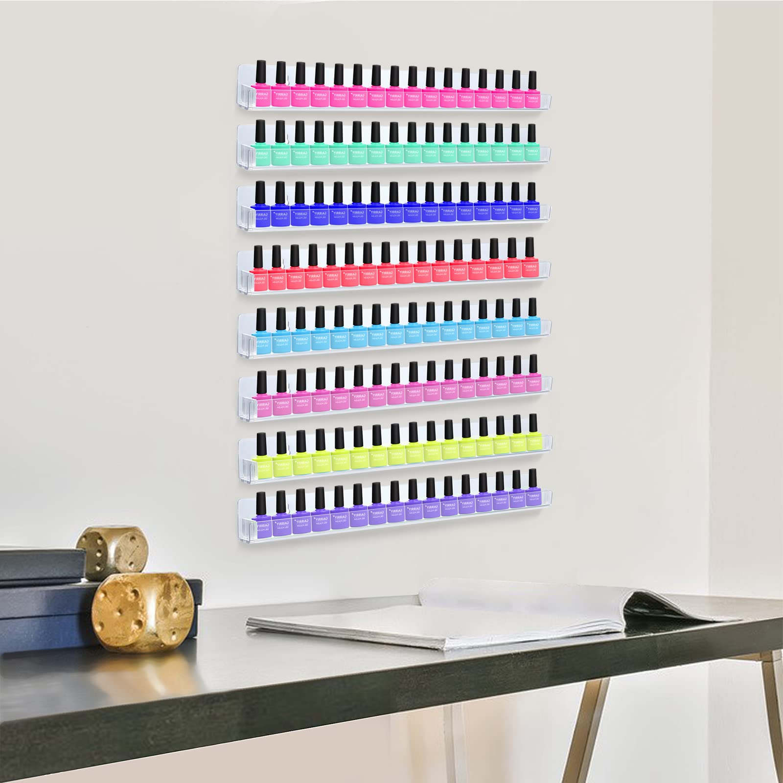 8 Pack Nail Polish Rack Wall Mounted Shelf With Removable Anti-Slip End Inserts, Clear Acrylic Nail Polish Organizer Wall Rack D