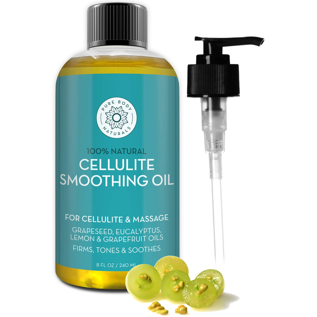 Pure Body Naturals cellulite Massage Oil, 8 fl oz  100% Natural cellulite Oil for Thighs and Butt  chemical Free cellulite Oil M