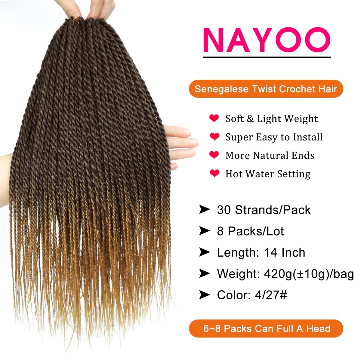 Nayoo Senegalese Twist Crochet Hair - 8 Packs 14 Inch Small Crochet Hair For Kids, 30 Strands/Pack Crochet Braids Hair For Black
