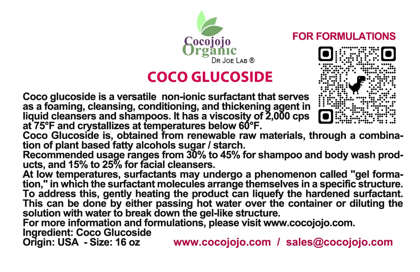 Cocojojo - Coco Glucoside Surfactant 16 Oz - Natural Foaming Cleanser - Plant Derived - Biodegradable - For Formulations And Diy