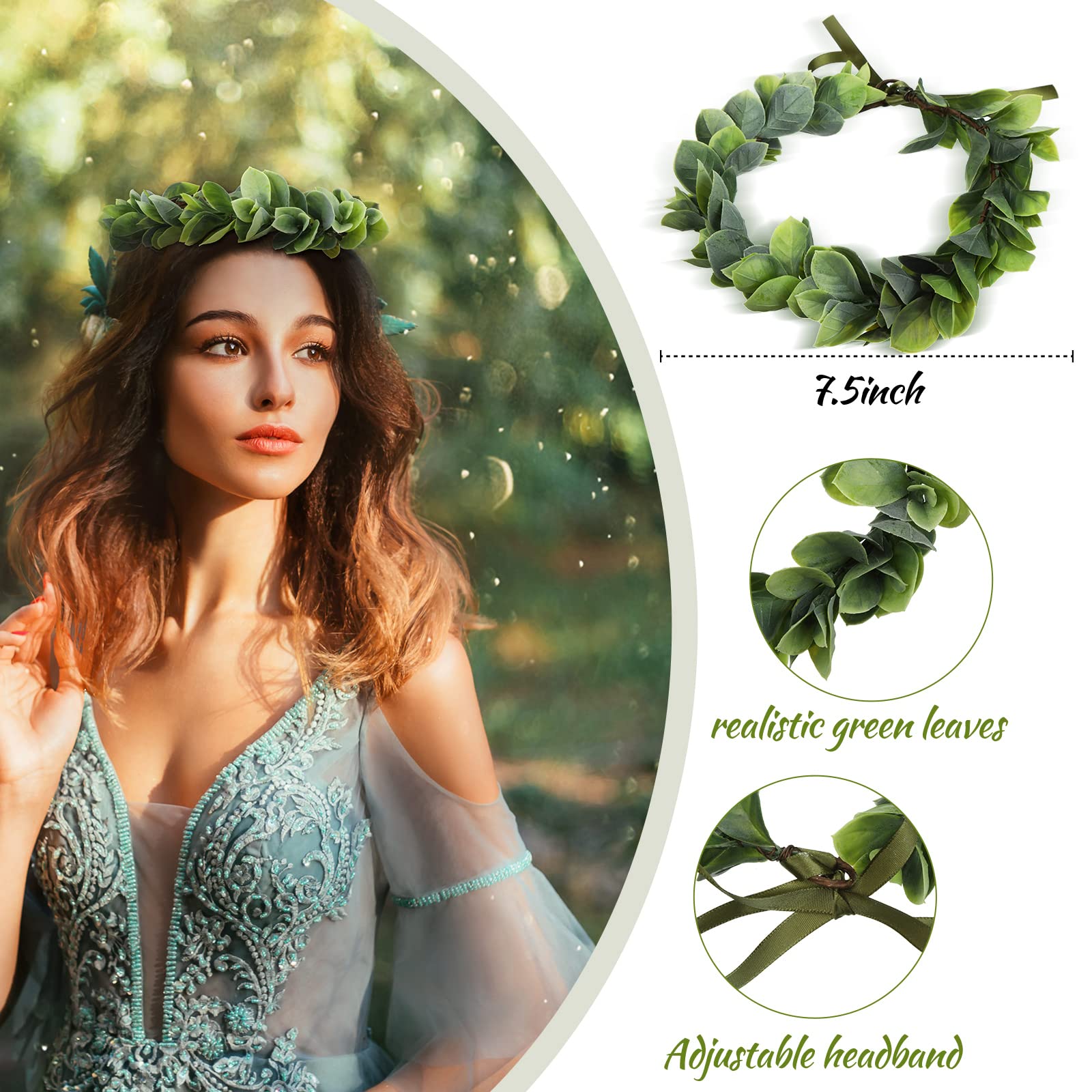 Yilloog 2 Pcs Green Hawaiian Flower Crown Headpiece, Artificial Berry & Leaf, Boho Bridal Hair Wreath for Wedding & Festival