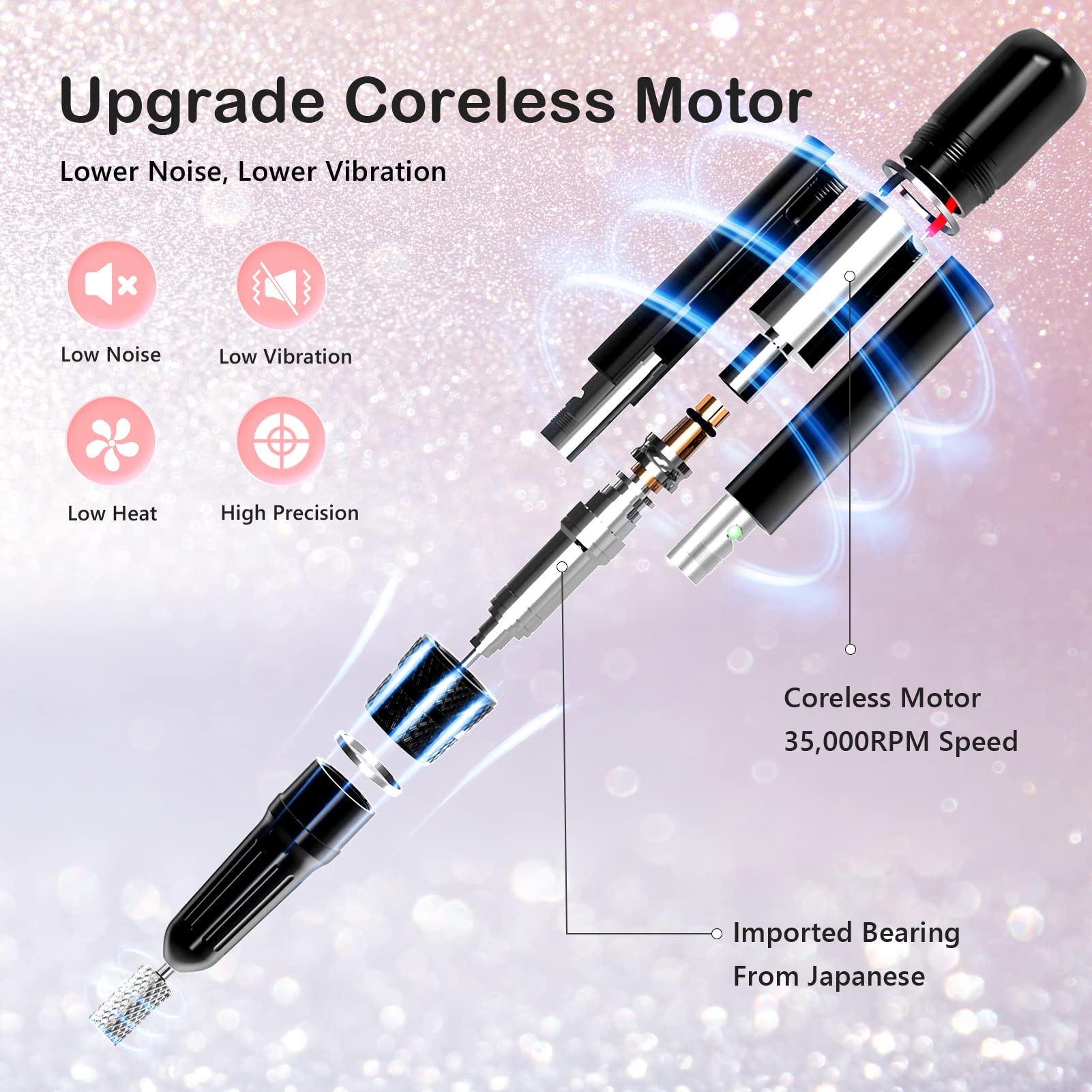 Professional Nail Drill Machine, Lavinda 35000Rpm Electric Nail File For Acrylic Gel Nails, Cordless Portable Nail Drill Kit Wit
