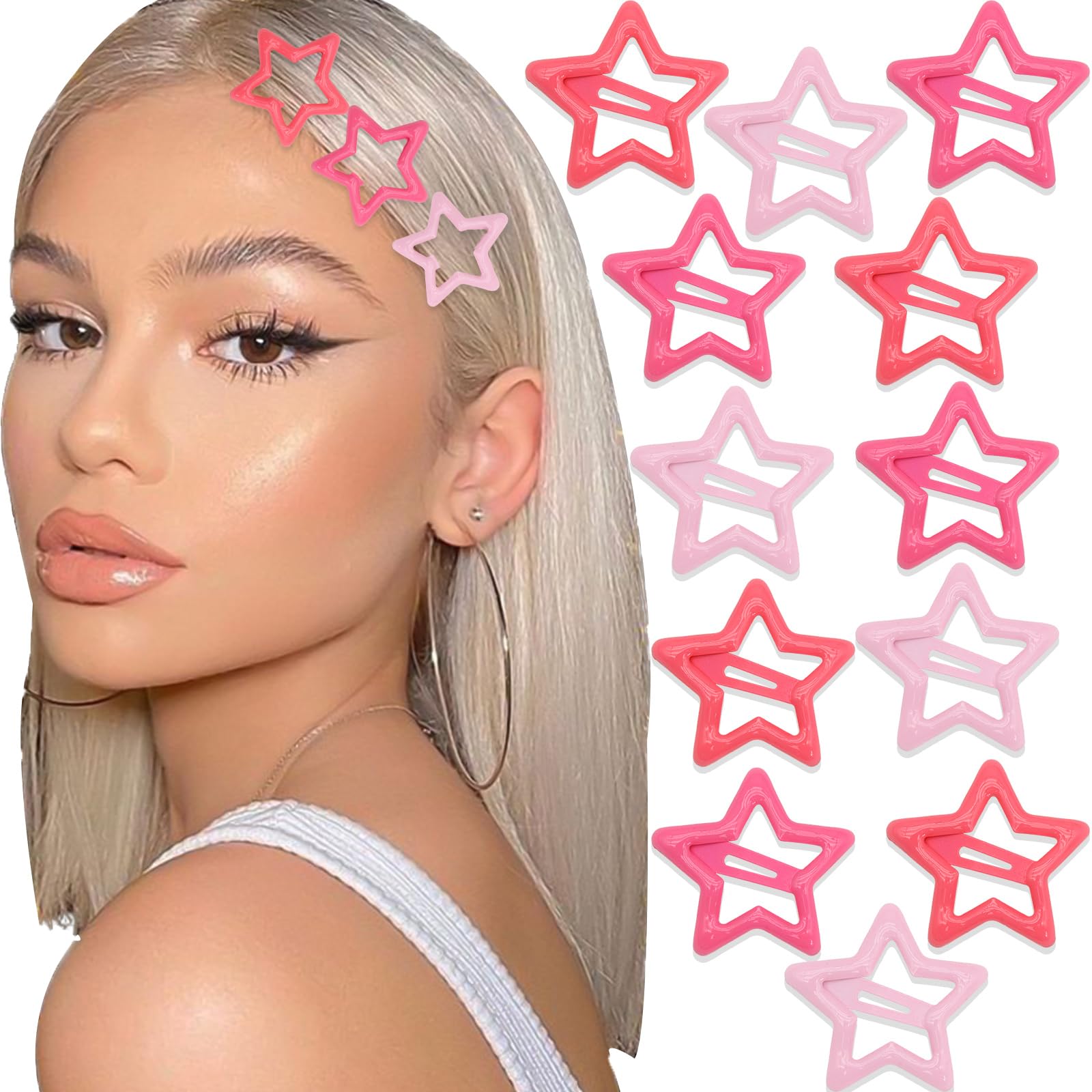 NAISKA 12PCS Pink Star Hair Clips Non Slip Hair Pins Snap Hair Barrettes Cute Hair Accessories for Girls Women Mutil Colors Hair