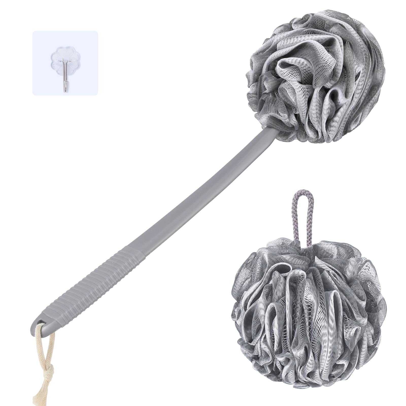 Vanzavanzu Loofah Sponge Set Back Scrubber For Shower, Anti-Slip Plastic 17'' Handle Loofah On A Stick With Fluffy Shower Sponge