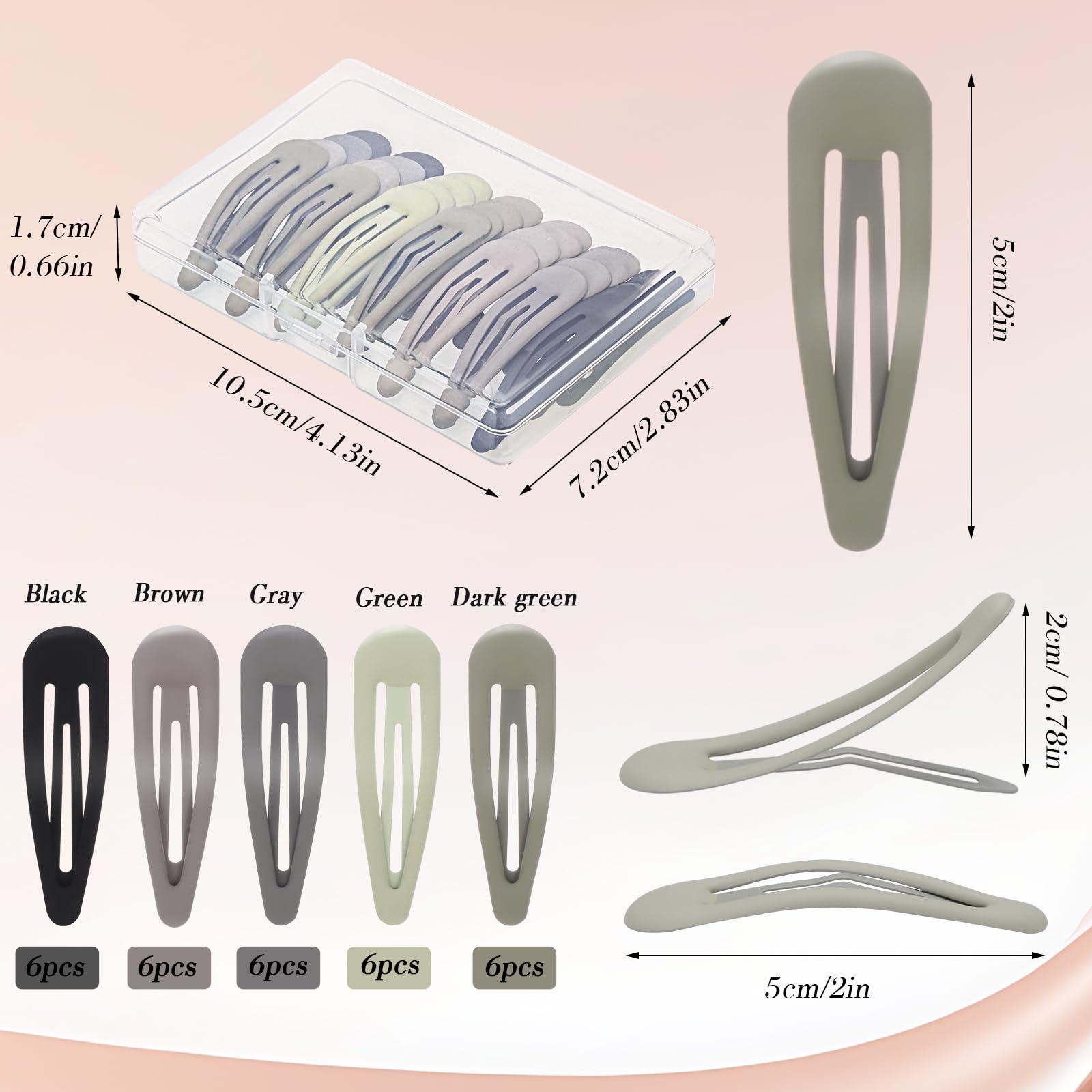 Obeoby 30 Pcs 5 Colors Metal Snap Hair Clips, 2 Inch Matte Hair Barrettes Hair Accessories For Women Girls