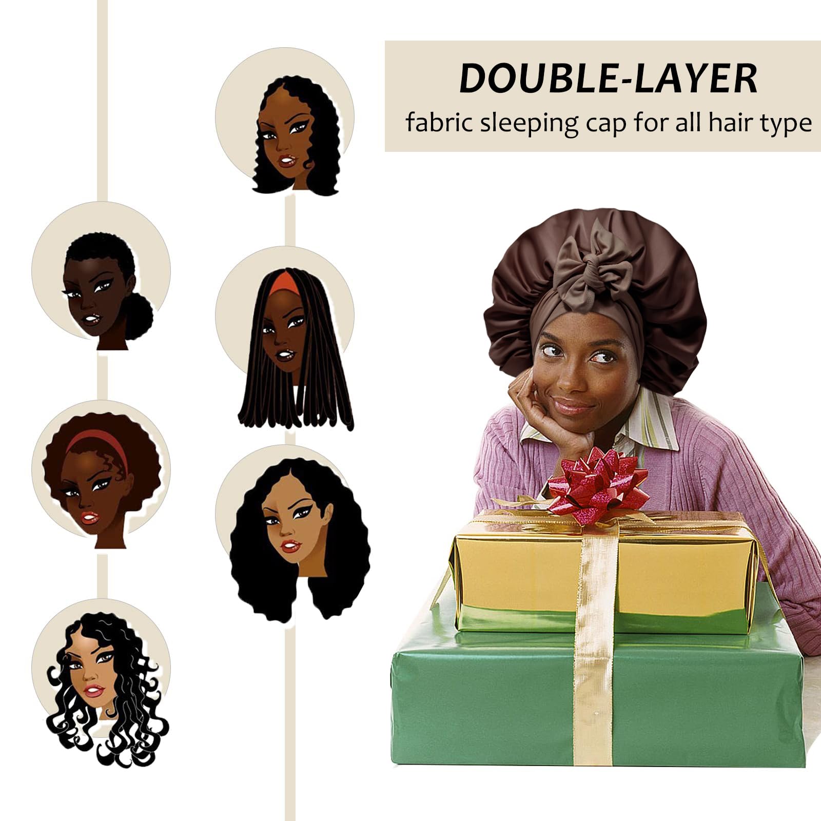 Awaytr Satin Bonnet For Women, 2-Layer Large Sleep Cap With Adjustable Drawstring, Brown Includes 3 Hair Scrunchies