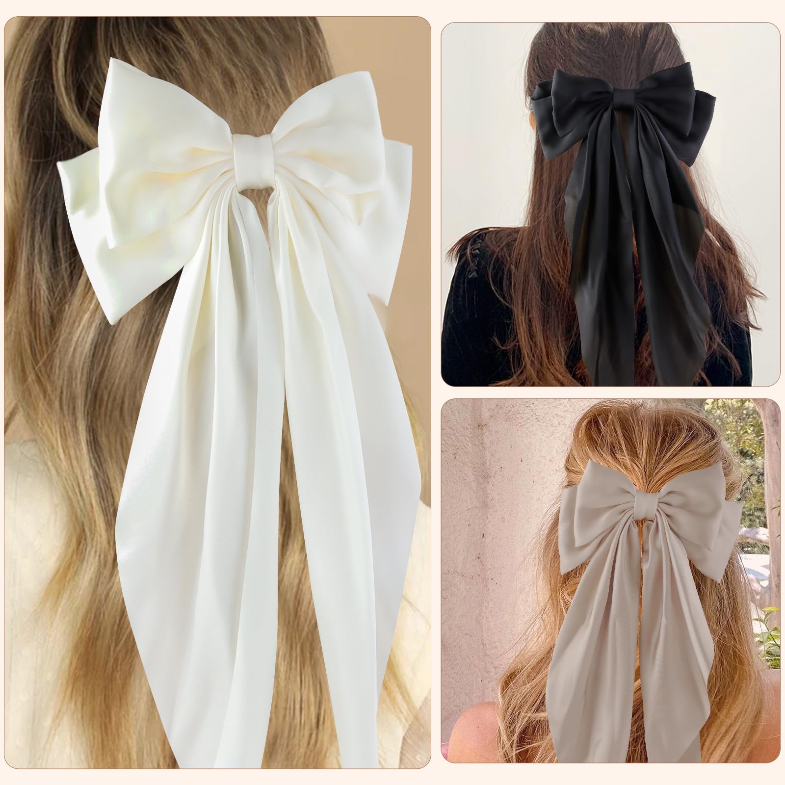 Canitor 6 Pcs Hair Bows For Women Silky Satin Hair Ribbon With Hair Barrettes Clip Large Coquette Bows Preppy Teen Girl Gifts Tr