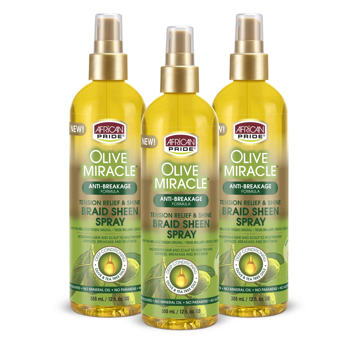 African Pride Olive Miracle Braid Sheen Spray (3 Pack) with tea tree oil and olive oil to protect and moisturize scalp and hair.