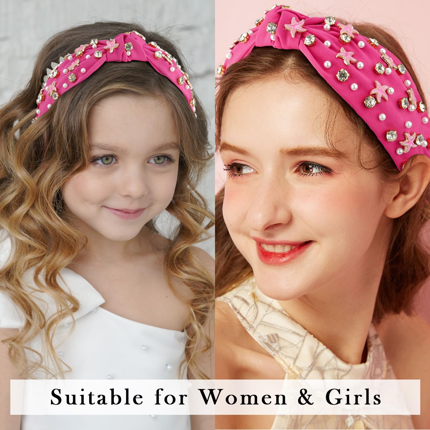 Atoden Hot Pink Headband With Pearl, Rhinestone, Beaded Crystal Jeweled Headbands For Women'S Hair Embellished Headbands, Top Kn