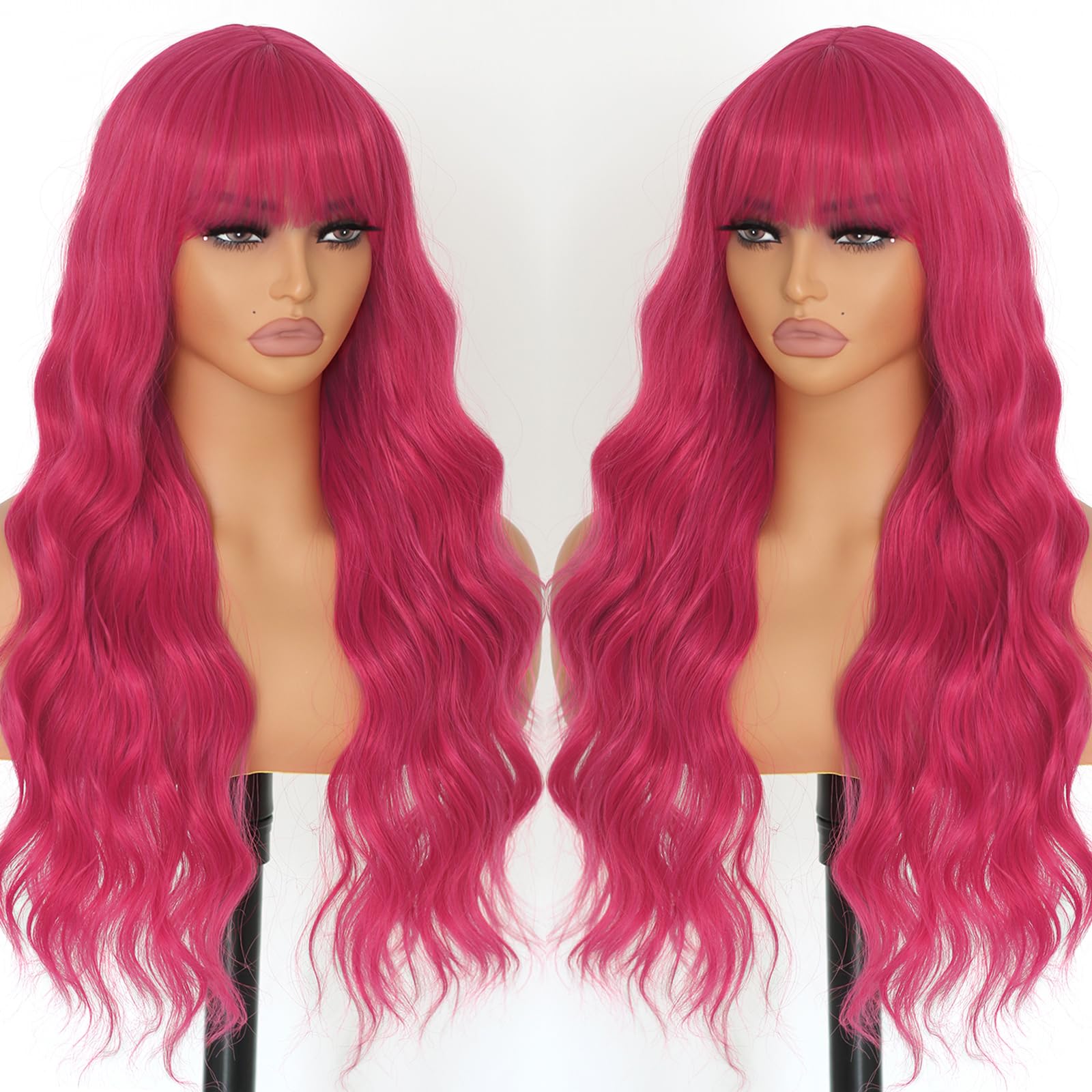 Evlynn Hot Pink Wig For Women Long Curly Wig Cap With Bangs Natural Wave Synthetic Fiber Glueless Hair Wigs For Daily Party Cosp