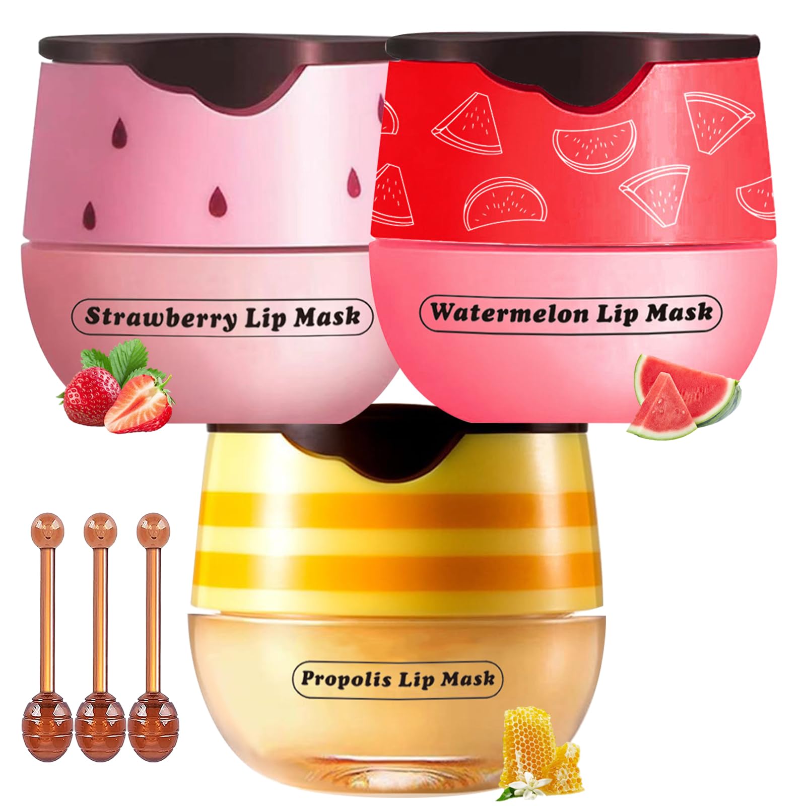 Honey Lip Balm Pot, 3 Pcs Honey & Strawberry & Watermelon Lip Mask Propolis Lip Mask Moisturizing Hydrating Prevention Dry And C
