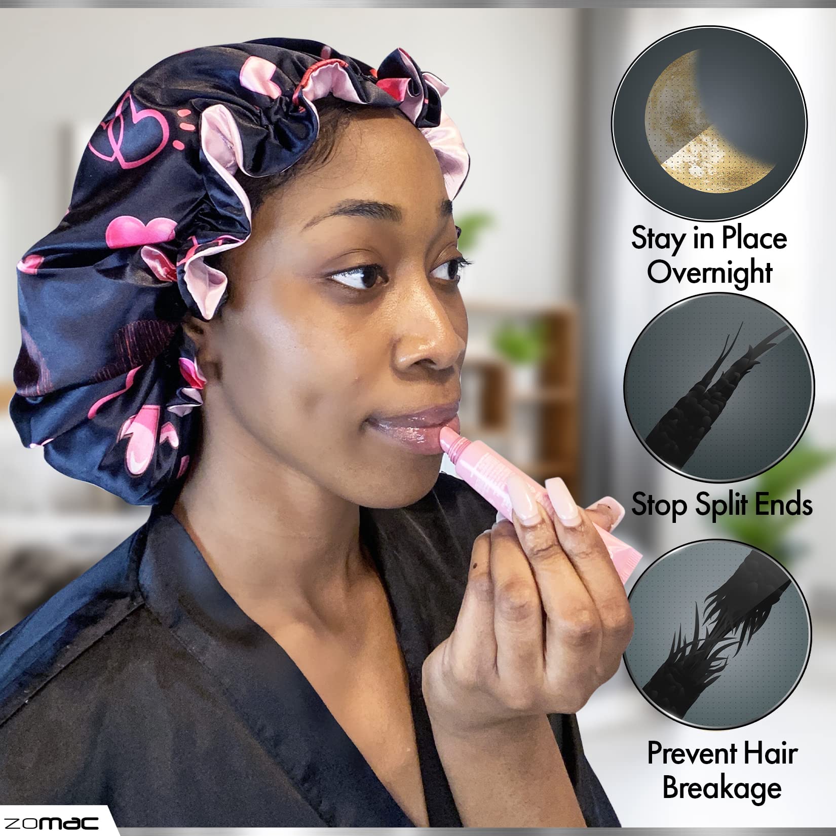 Zomac Satin Bonnet For Sleeping, Bonnet For Curly Hair, Sleeping Bonnets For Women (Hearts)