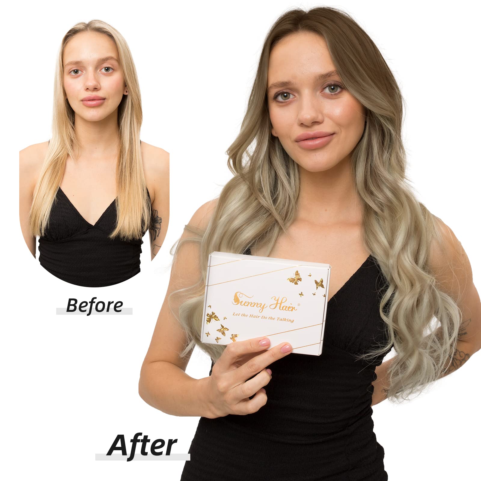 Sunny Human Hair clip in Hair Extensions Balayage Brown Blonde clip in Human Hair Extensions Medium Brown Balayage Platinum Blon