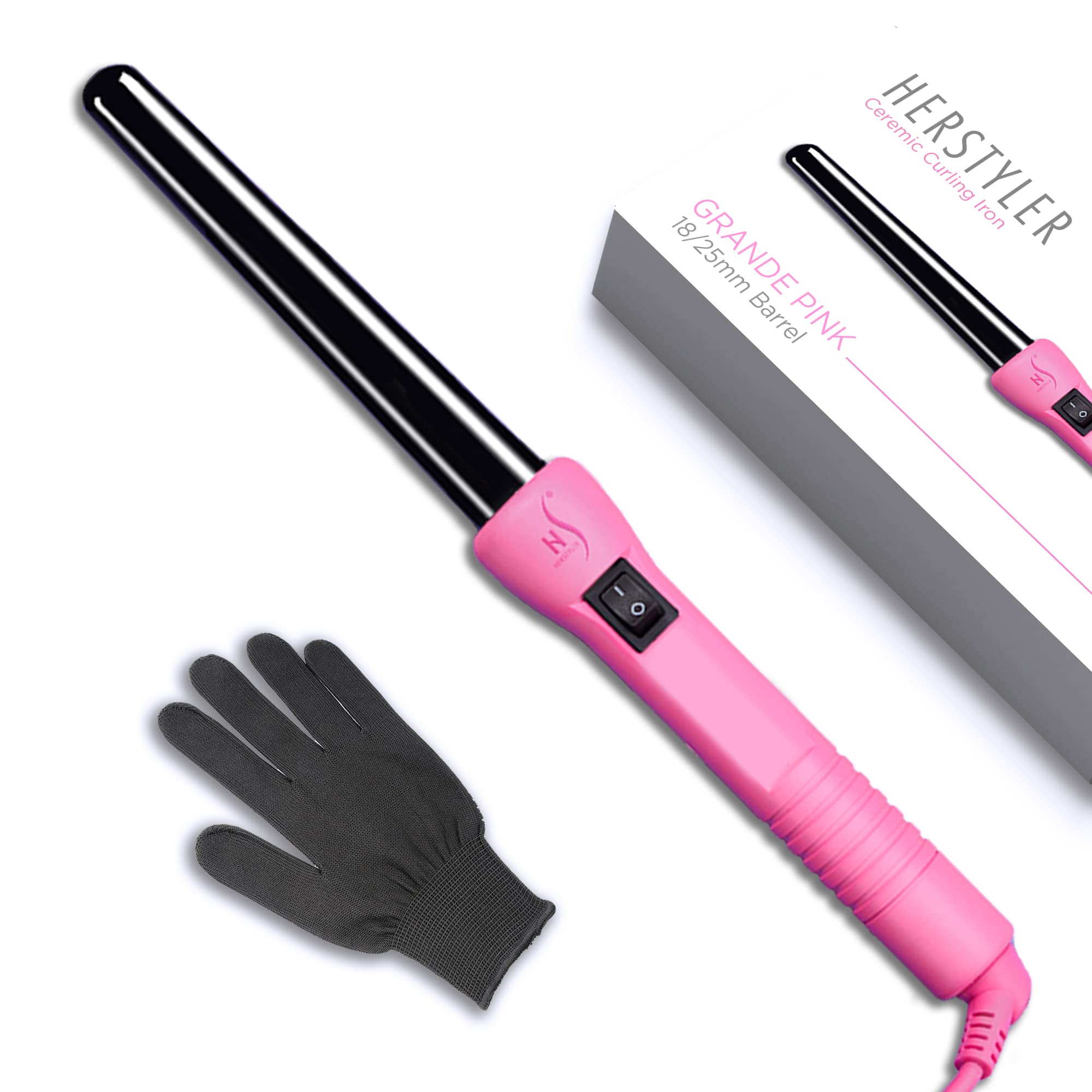 Herstyler Grande Ceramic Curling Iron - 1 Inch, Pink (Curling Wand For Long Short Hair, Dual Voltage, Negative Ions, Tapered Bar
