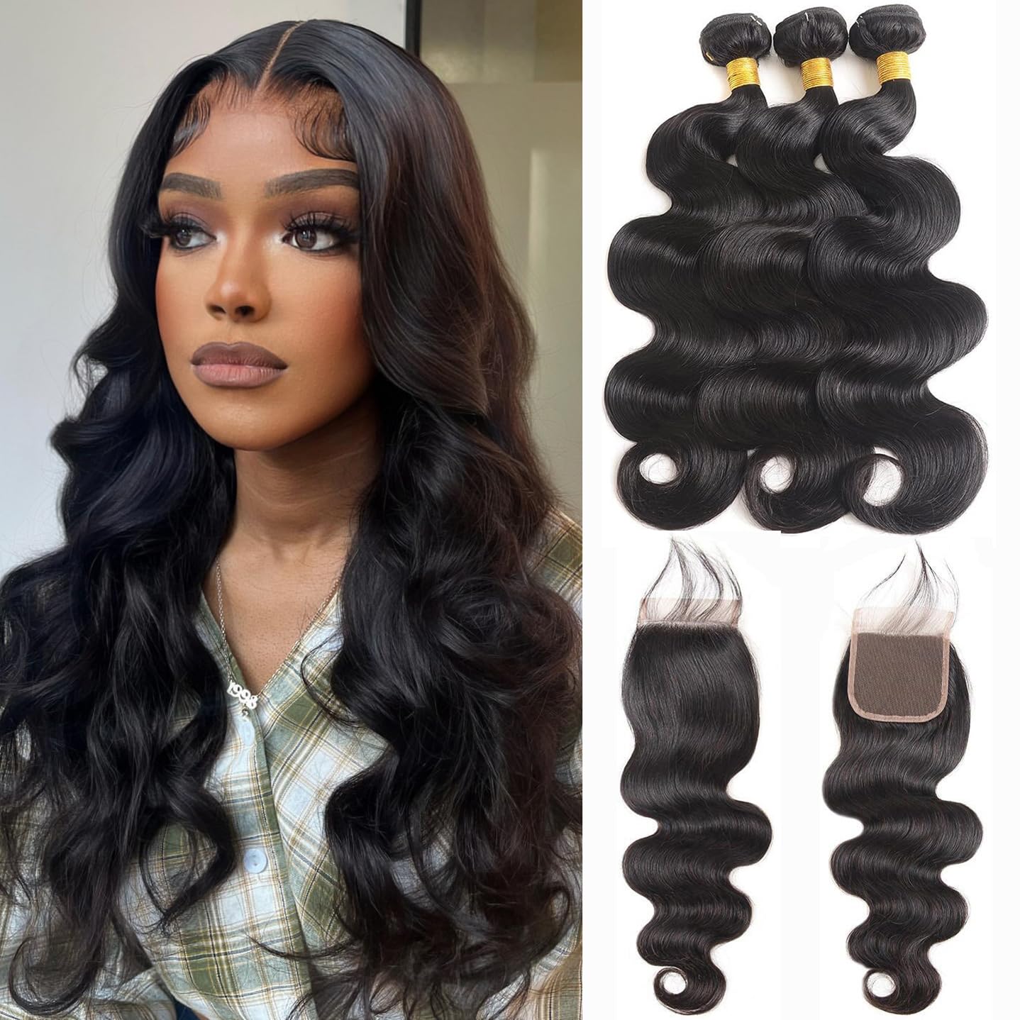 Releek Body Wave Bundles with Closure Brazilian Human Hair 3 Bundles with Closure(10 12 14+10) Inch Body Wave 100% Unprocessed V