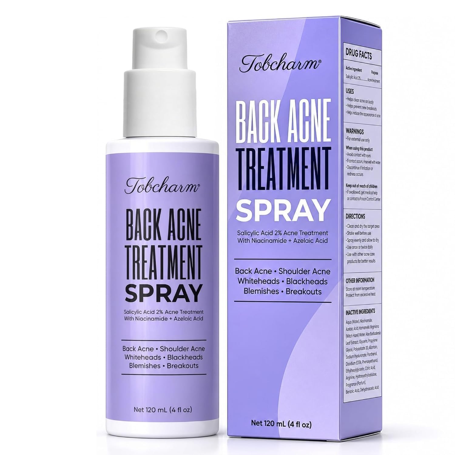 Tobcharm Acne Banishing Body Spray with 1% Salicylic Acid & Azelaic Acid  Body Acne Care for Back, Chest & Shoulder Breakouts 