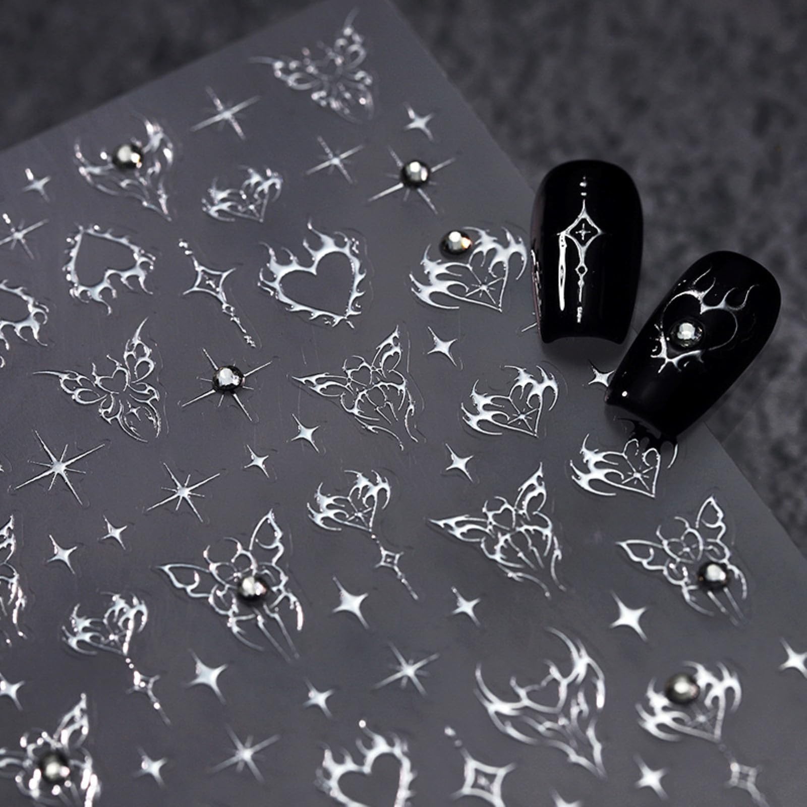 5D Embossed Star Nail Stickers Butterfly Heart Nail Art Stickers Silver Star Nail Decals Self-Adhesive Rhinestone Stickers Bling