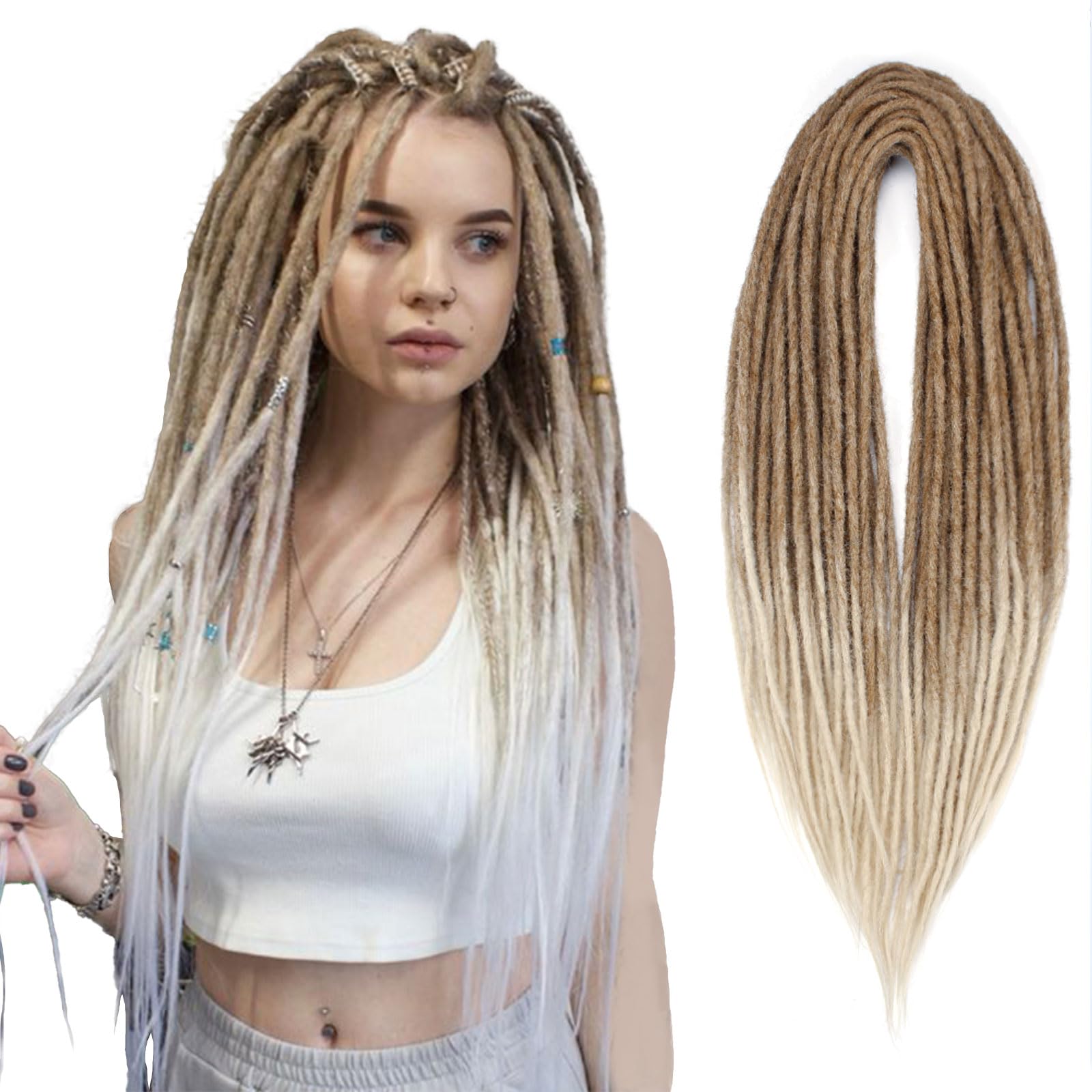 Kraler 24 Inch Double Ended Dreadlock Extensions, 20 Strands Light Brown to Blonde Synthetic DE Dreads Extensions, Thin 0.6cm Wi