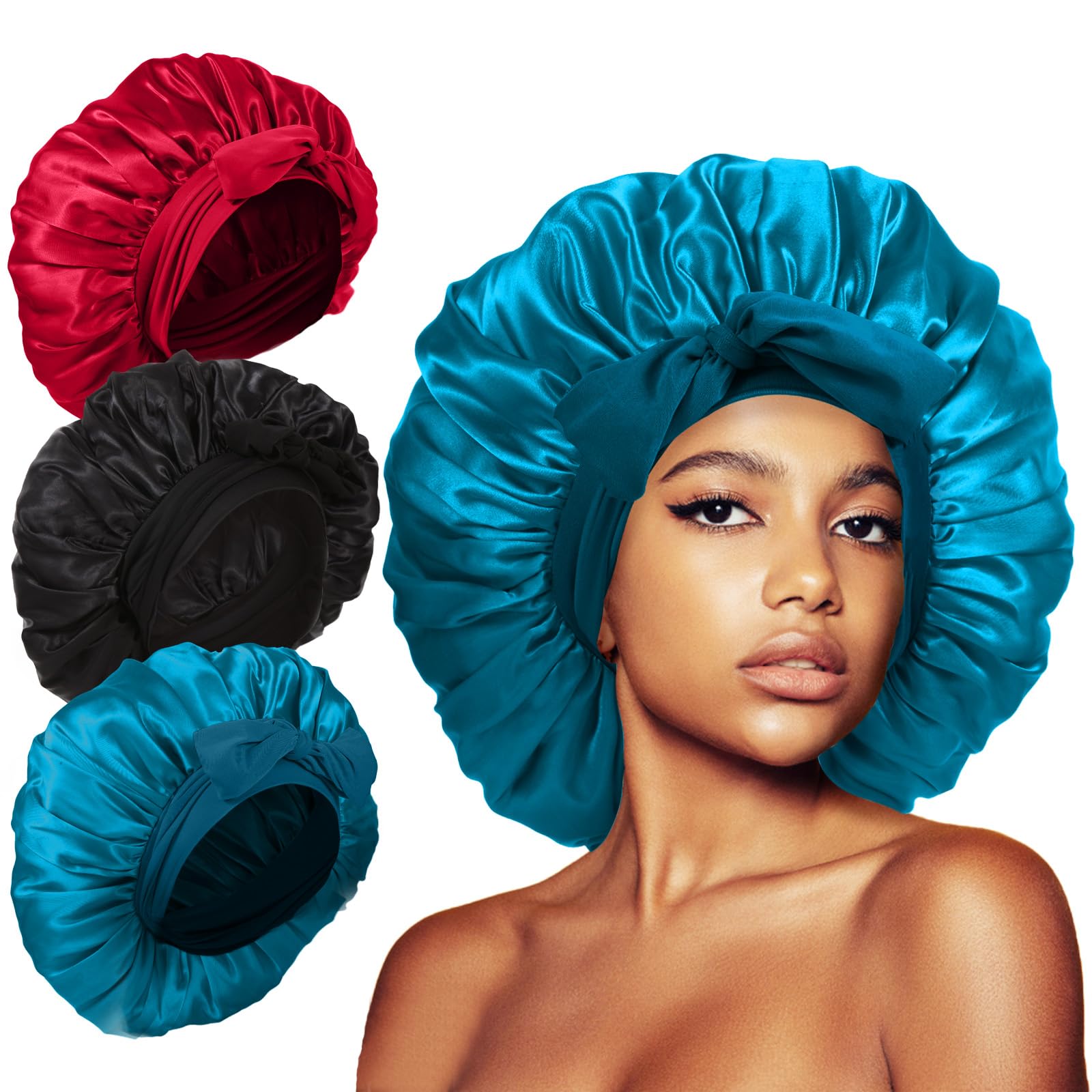 Kafteri 3Pcs Satin Silk Bonnet For Sleeping, Extra Large Hair Bonnets For Sleeping Black Curly Hair Women Big Jumbo Bonnet With