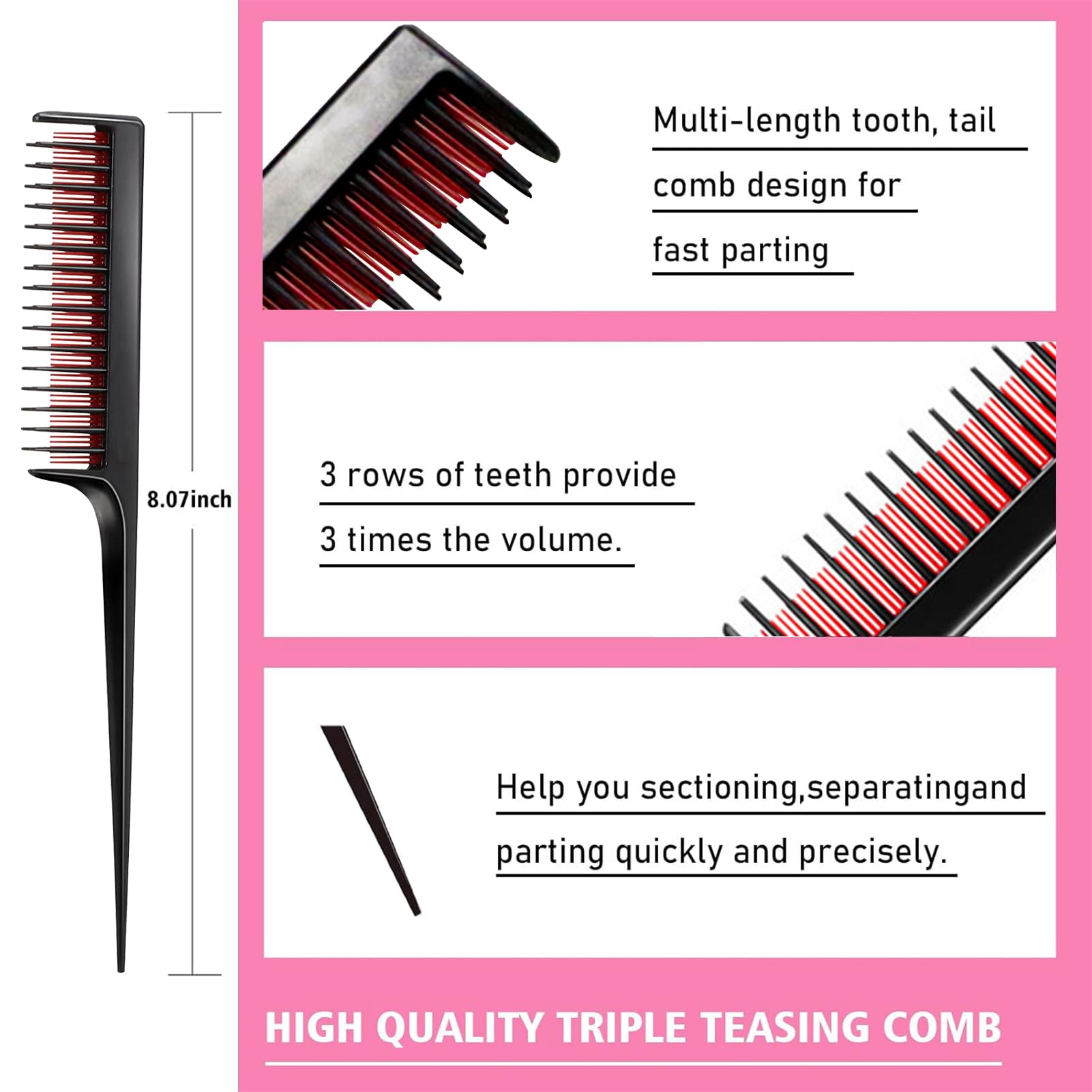 8 Pieces Hair Styling Comb Set Teasing Hair Brush Rat Tail Comb Edge Brush for Edge & Back Brushing, Combing, Slicking Hair for
