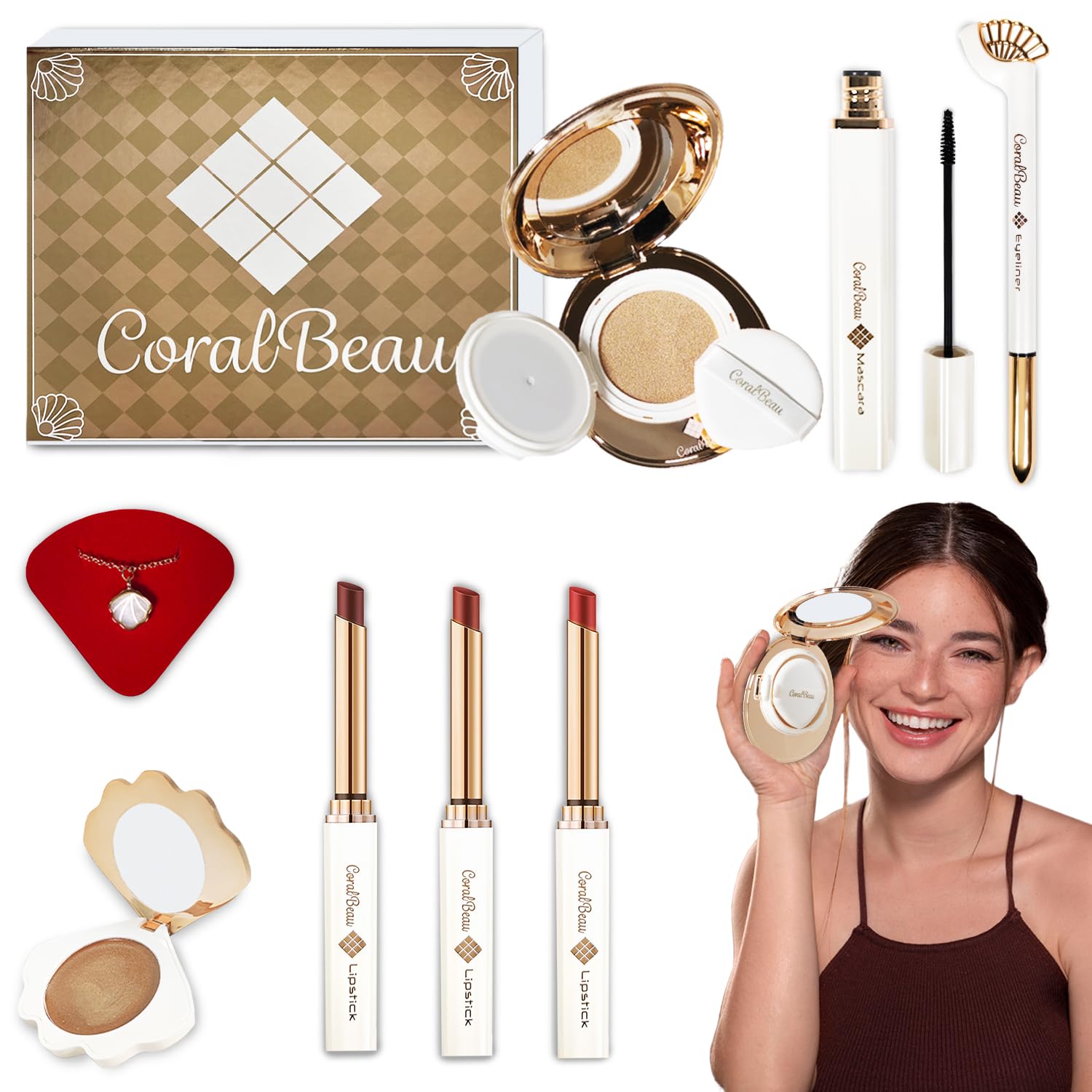 Coralbeau Shell Makeup Set - All In One Makeup Kit For Women With Compact Bb Cream Powder, Eyeshadow Palette With Brown Shades,