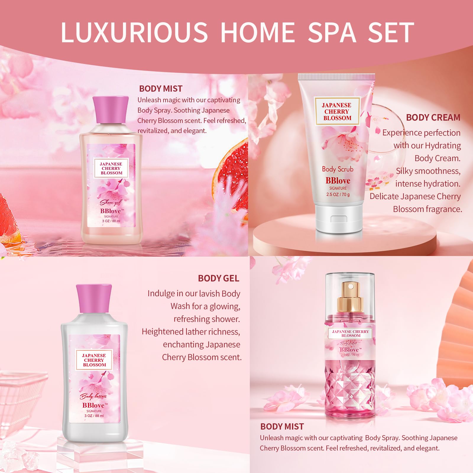 Bath And Body Gift Set For Women & Girls, Japanese Cherry Blossom, 4Pcs Set For-Shower Gel, Body Lotion, Body Mist, Exfoliating