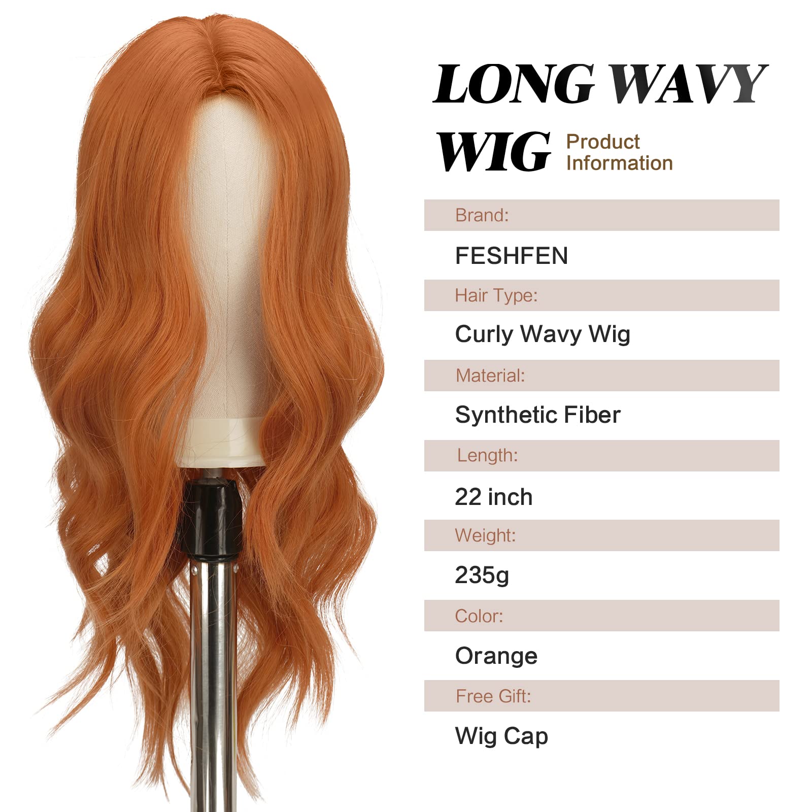 Feshfen Orange Wigs For Women 22 Inch Orange Long Wavy Full Wig Middle Parting Wigs Natural Looking Synthetic Wig For Daily Part