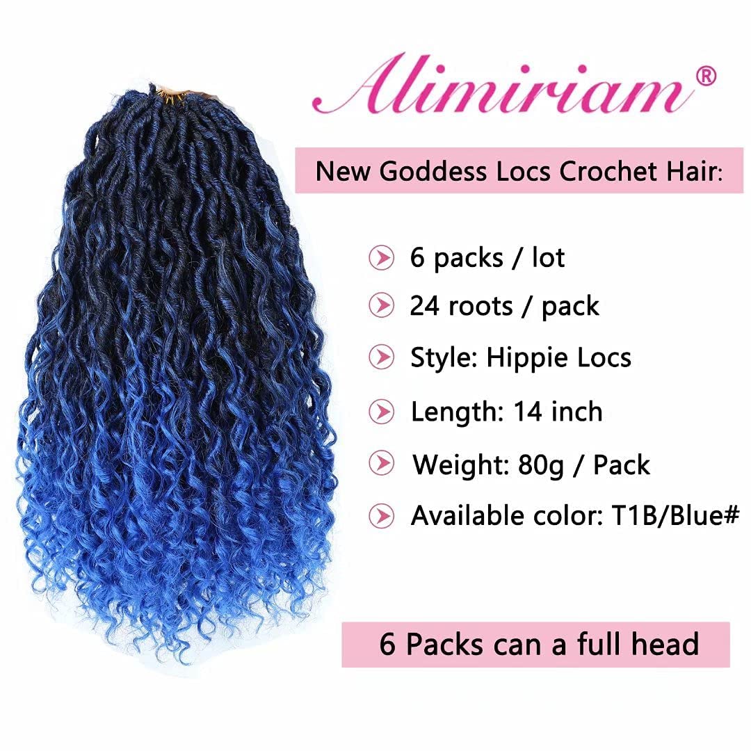 Alimiriam New Goddess Locs Crochet Hair 6 Packs 14 inch Blue Boho Faux Locs Wavy Crochet Hair River Faux Locs Crochet Hair with