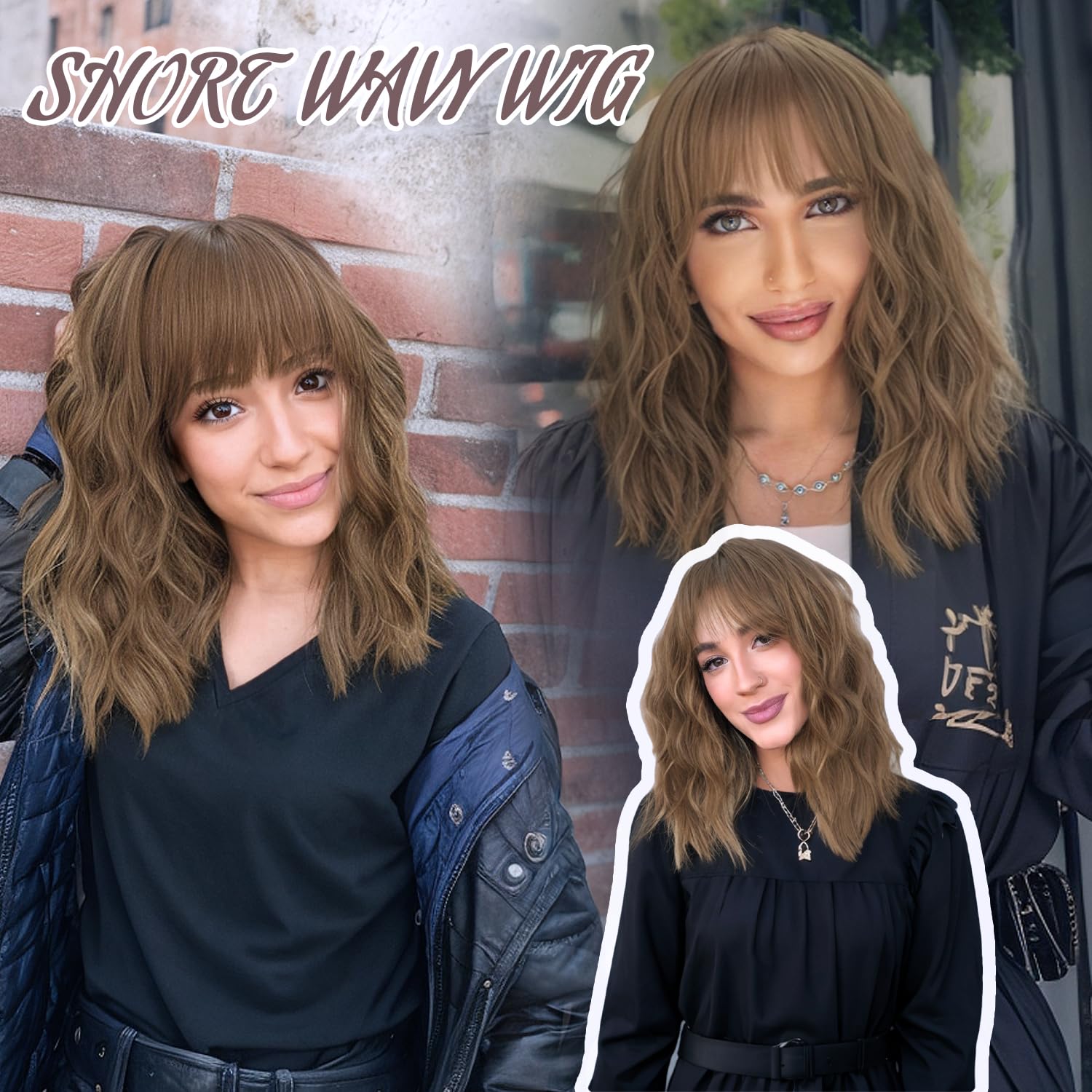 Aisi Hair Synthetic Wavy Curly Bob Wig With Bangs Brown Mix Caramel Blonde Wig Short Bob Wavy Hair Wigs For Women Synthetic Heat