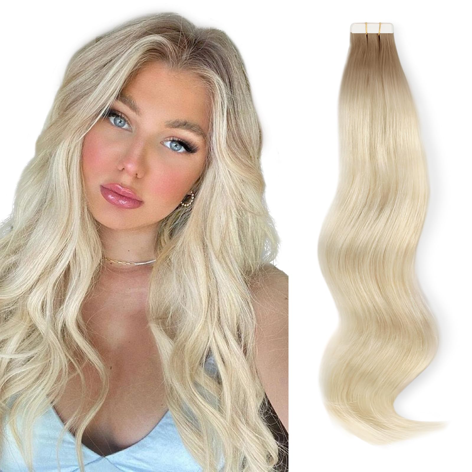 Amazingbeauty 20 Pieces Remy Human Hair Invisible Rooted Tape In Hair Extensions - Platinum Blonde With Chestnut Brown Base R6-6