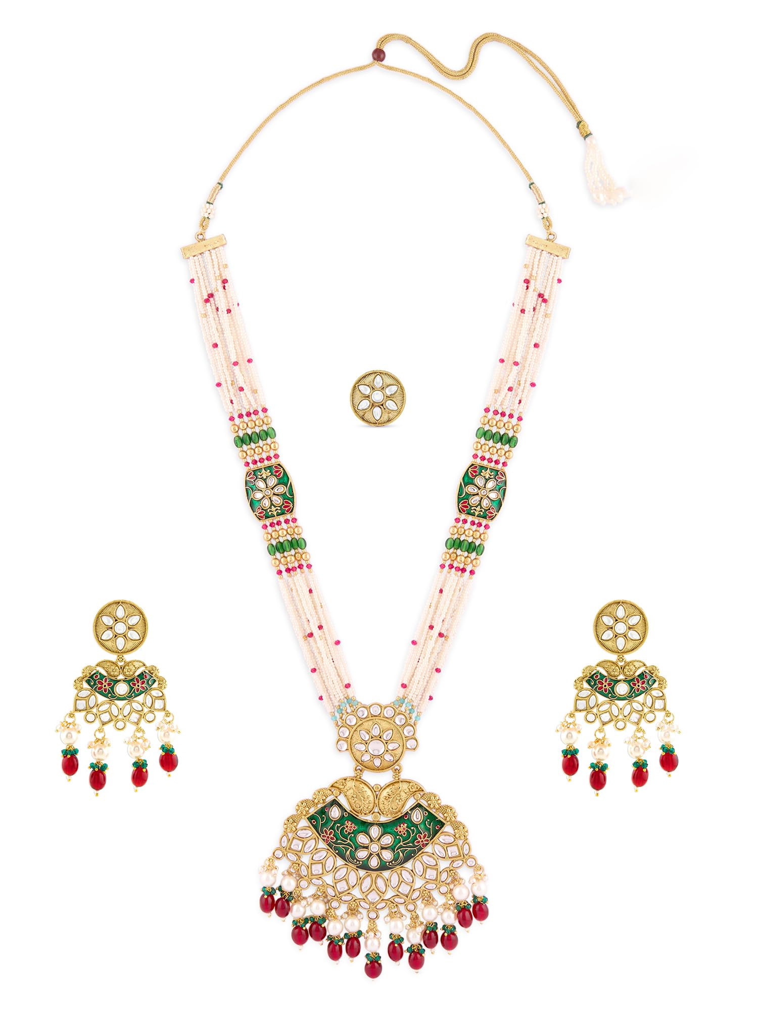 Zaveri Pearls Green Pink Meenakari Multistrand Beaded Bridal Kundan Long Necklace Earring & Ring Set For WomenZpfk21763