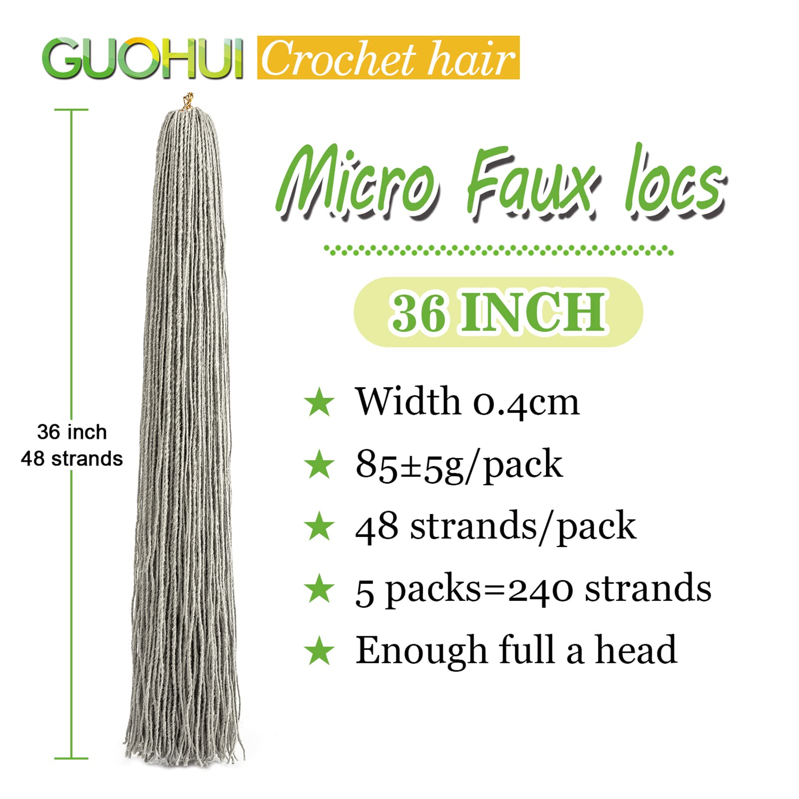 Guohui Micro Faux Locs Crochet Hair, 36 Inch 5 Packs Color Grey Diy Braids Straight Styles (36'',Grey)