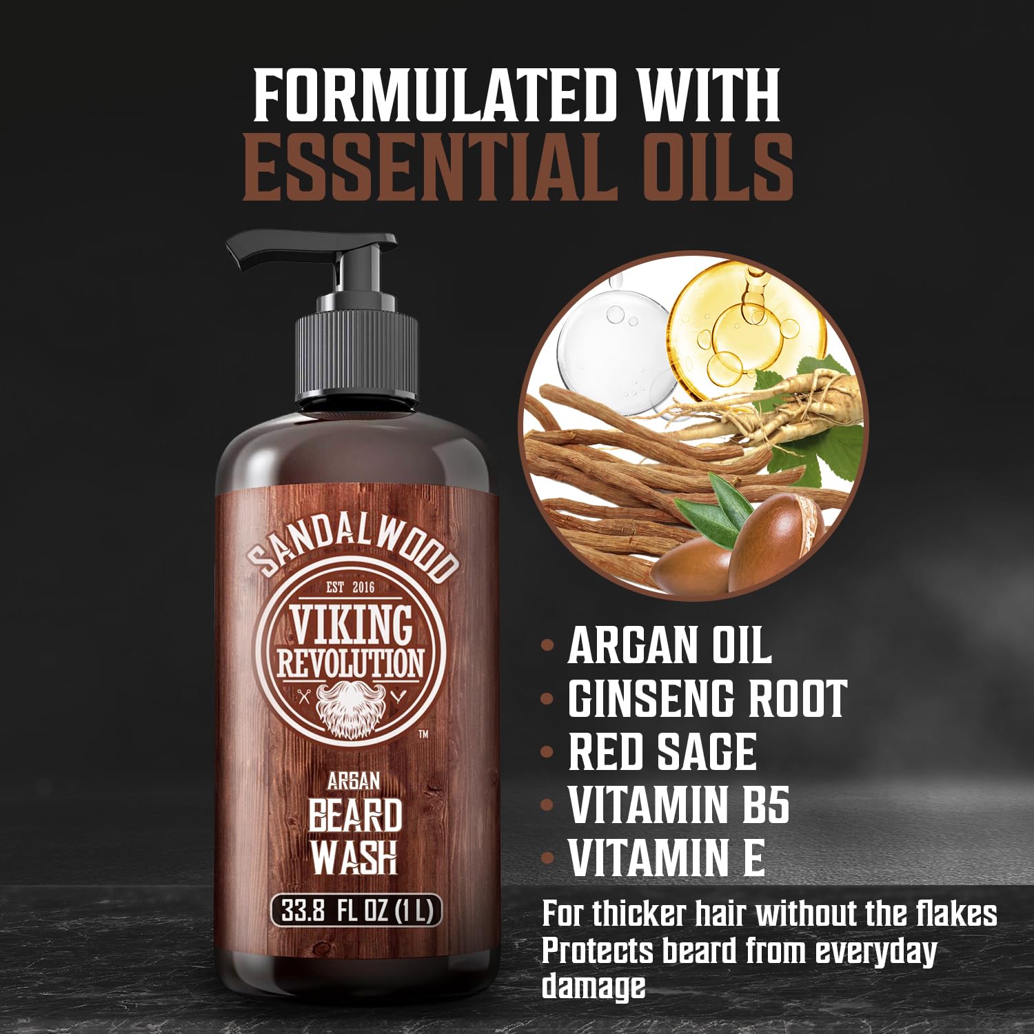 Viking Revolution Sandalwood Beard Wash For Men With Argan Oil - Beard Softener And Strengthener Beard Shampoo With Ginseng, Red