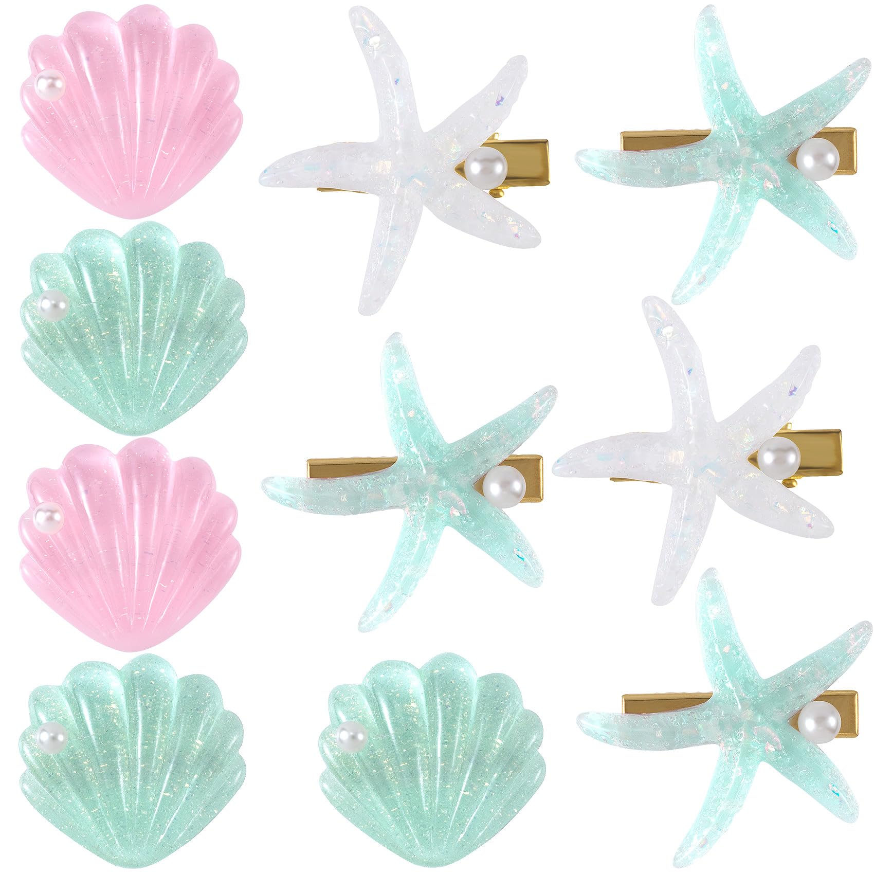 PAGOW 10 Pieces Starfish Hair Clips, Rhinestone Pearls Crystal Hair Barrettes, Sea Star Ponytail Holder, Cute Wedding Headpiece 