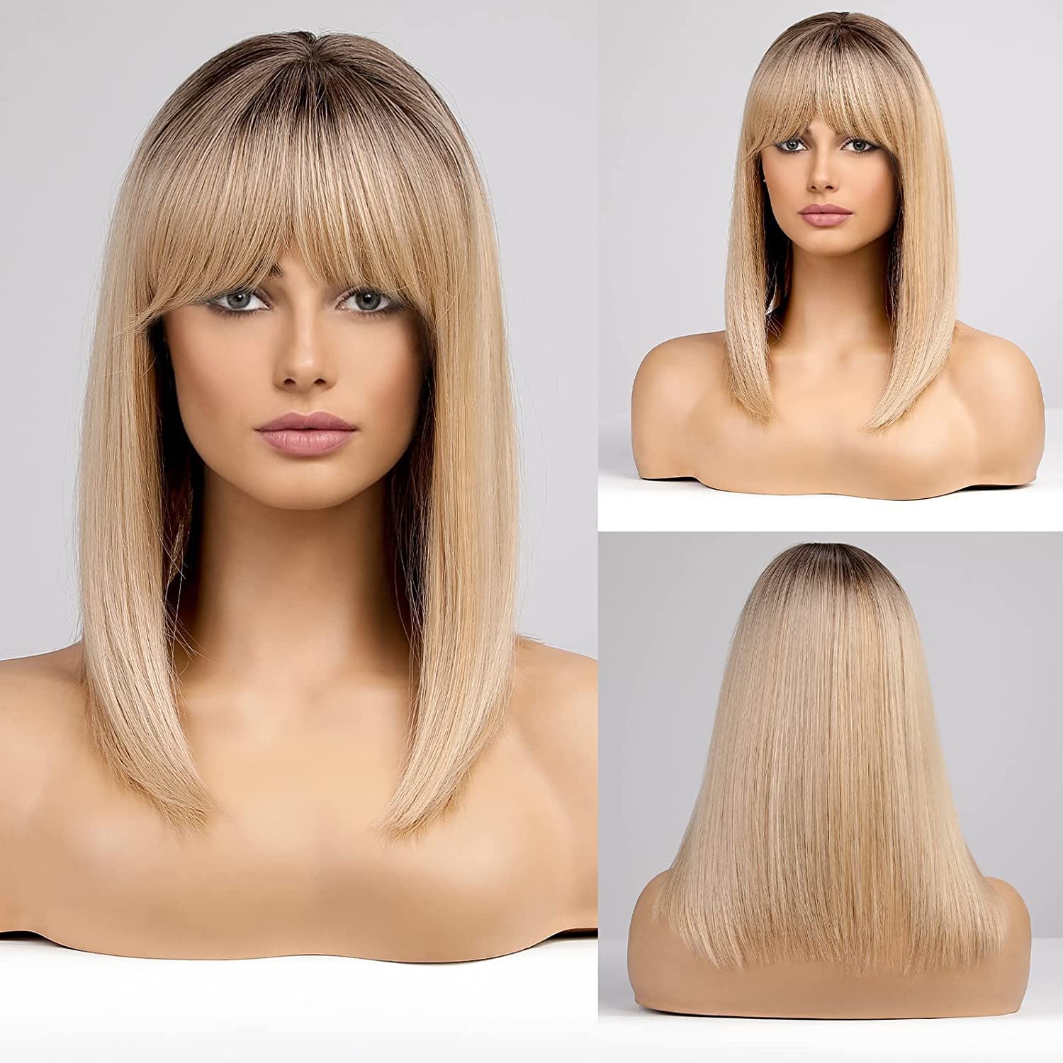 Haircube Long Blonde Wig With Bangs,Medium Length Ombre Blonde Wigs For Women Human Hair Blend Healthy Synthetic 16 Inch Wigs