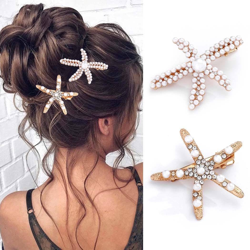 Bartosi Starfish Hair Clips Gold Pearl Hair Barrettes Crystal Hair Pin Bride Wedding Head Pieces Decorative Bobby Pins Hair Acce