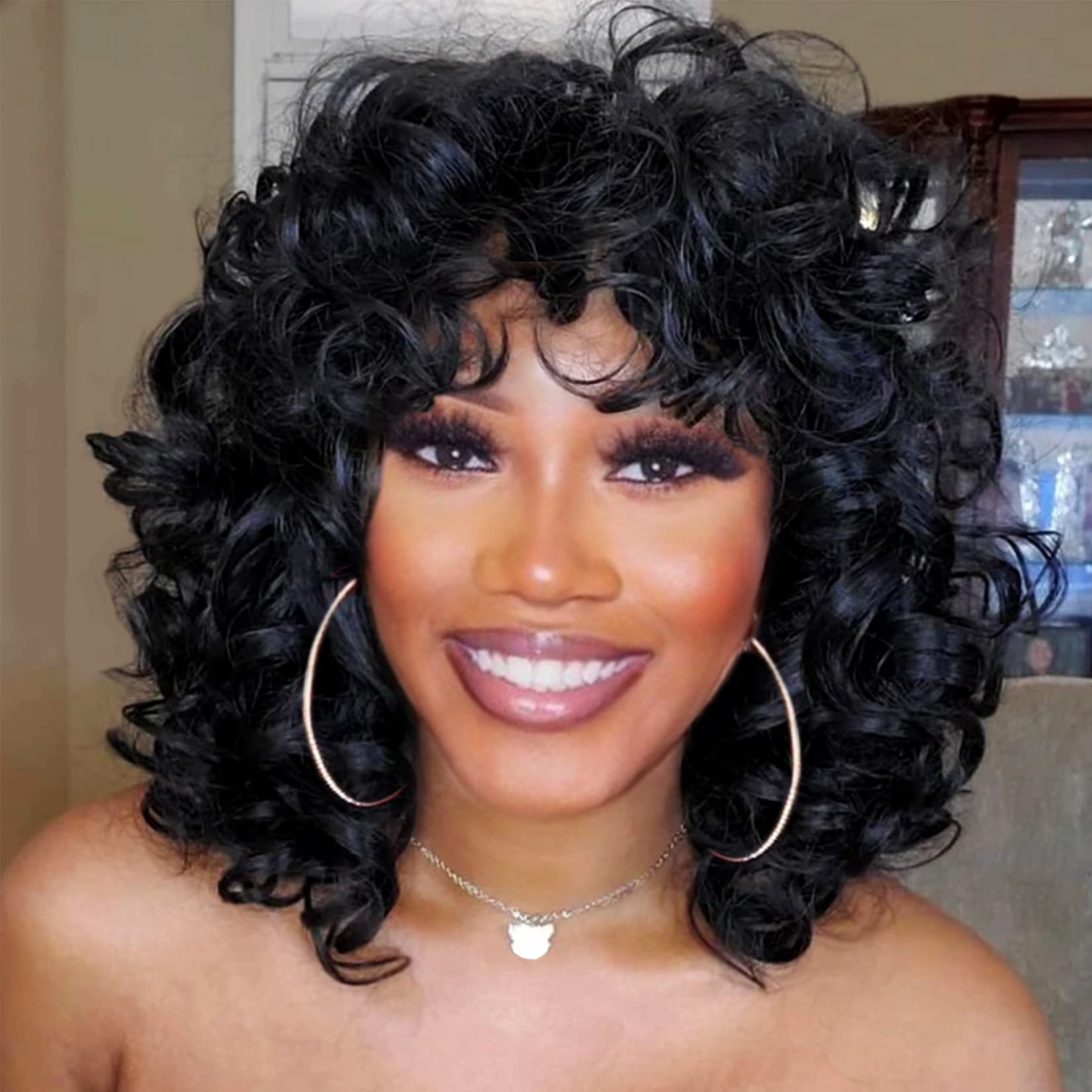 andromeda Curly Wigs for Black Women Soft Black Short Curly Wig with Bangs Afro Loose Curls Heat Resistant Synthetic Wig for Afr