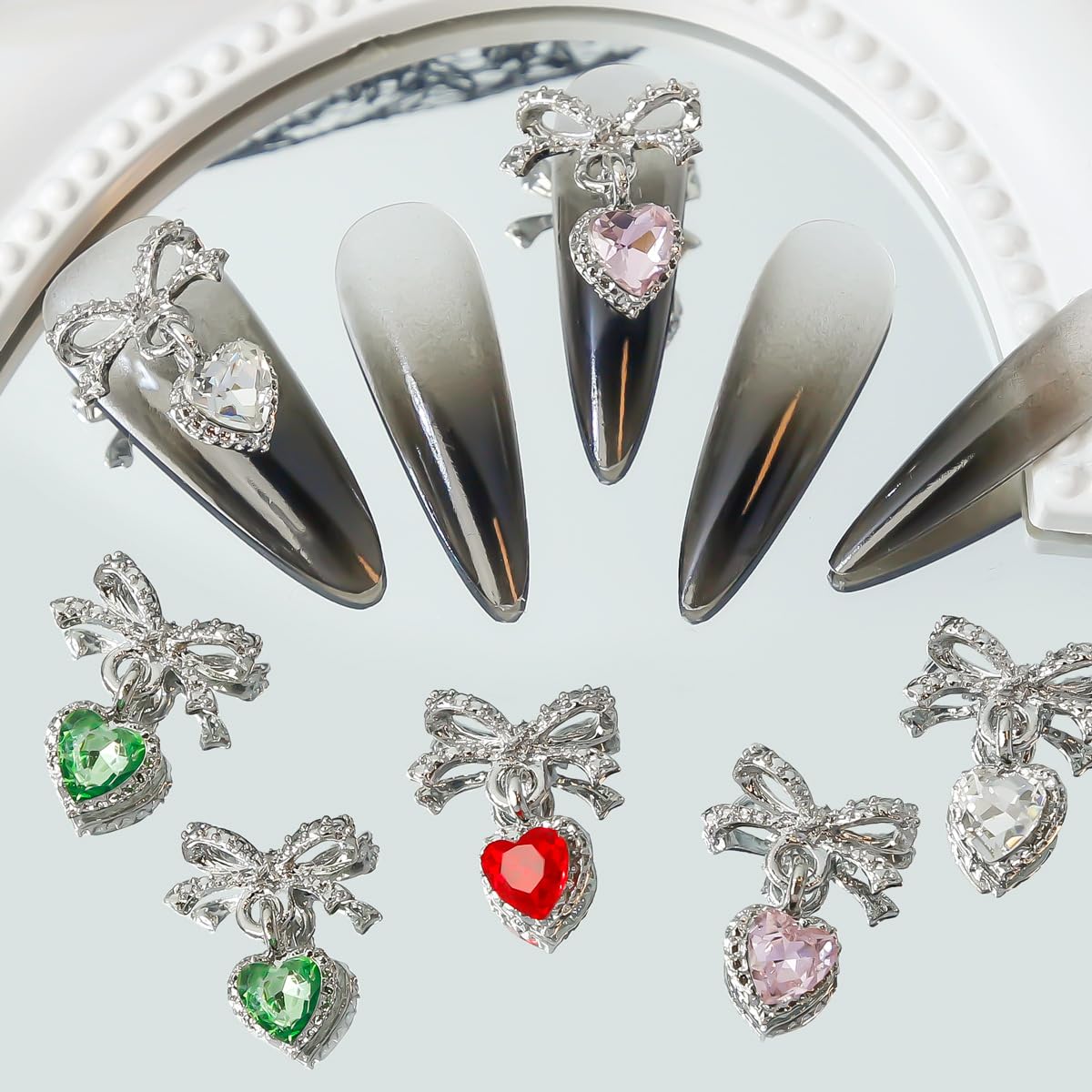12Pcs Heart Nail Charms 3D Silver Bow Nail Art Charms Luxury Heart Rhinestones For Nails Valentine'S Day 3D Crystal Alloy Red Si