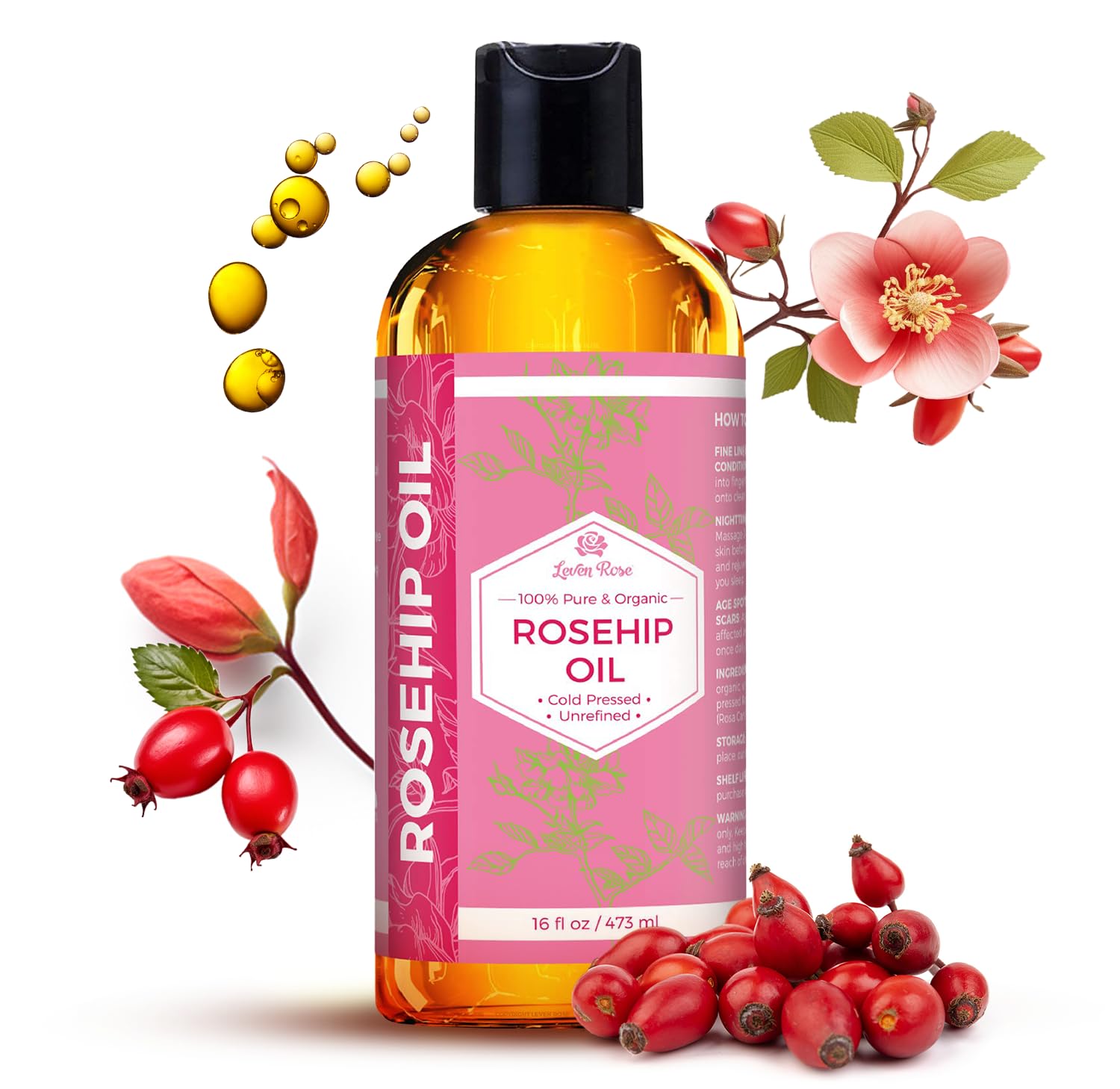 Leven Rose Rosehip Seed Oil for Face 16 oz - Pure Rosehip Oil for Face - Unrefined Cold Pressed Rosehip Oil for Body - Nighttime