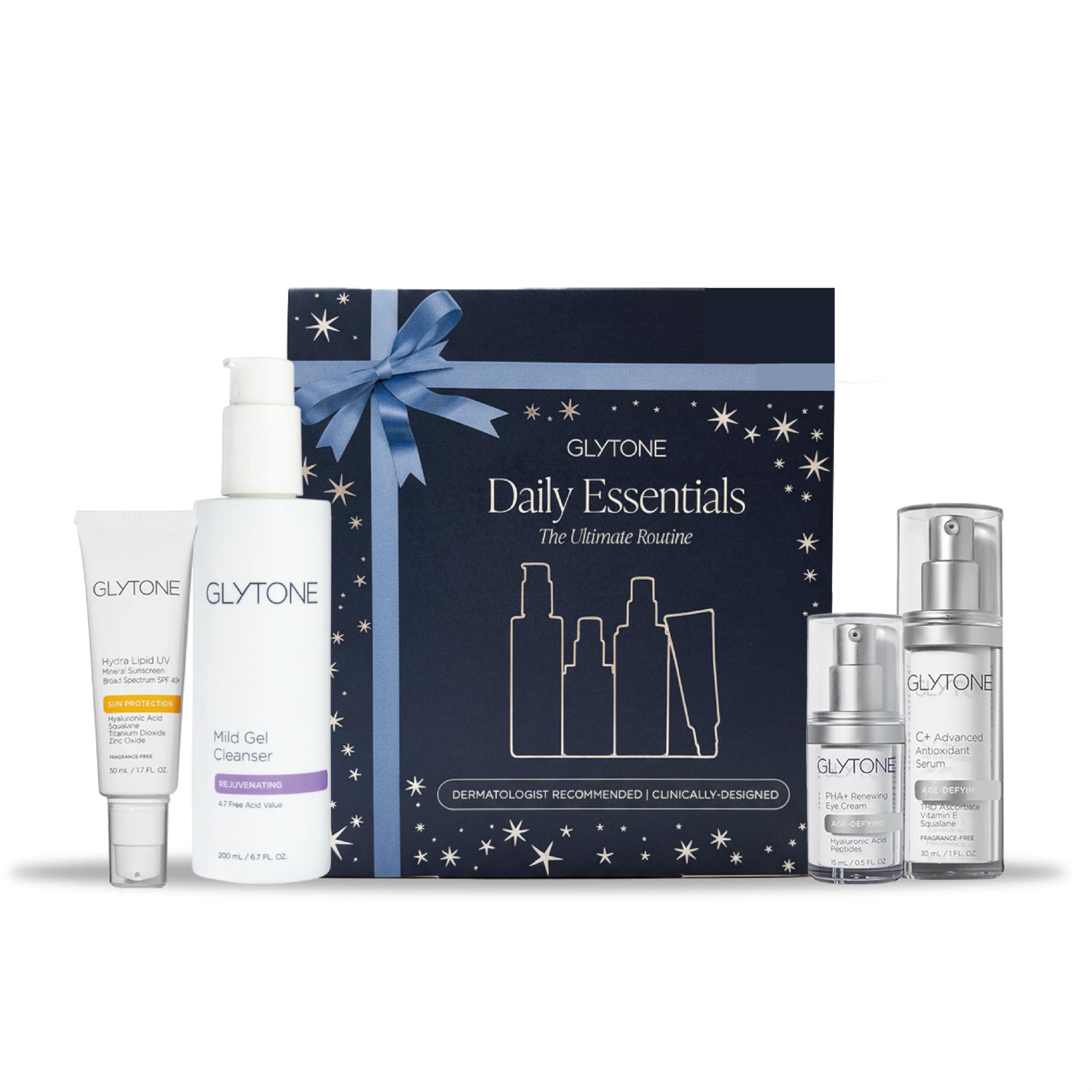 Glytone Daily Essential Kit  Skincare Set Features Cleanser, C Serum, Eye Cream & Sunscreen SPF 40+  Daily Skin Care Kit to Cl