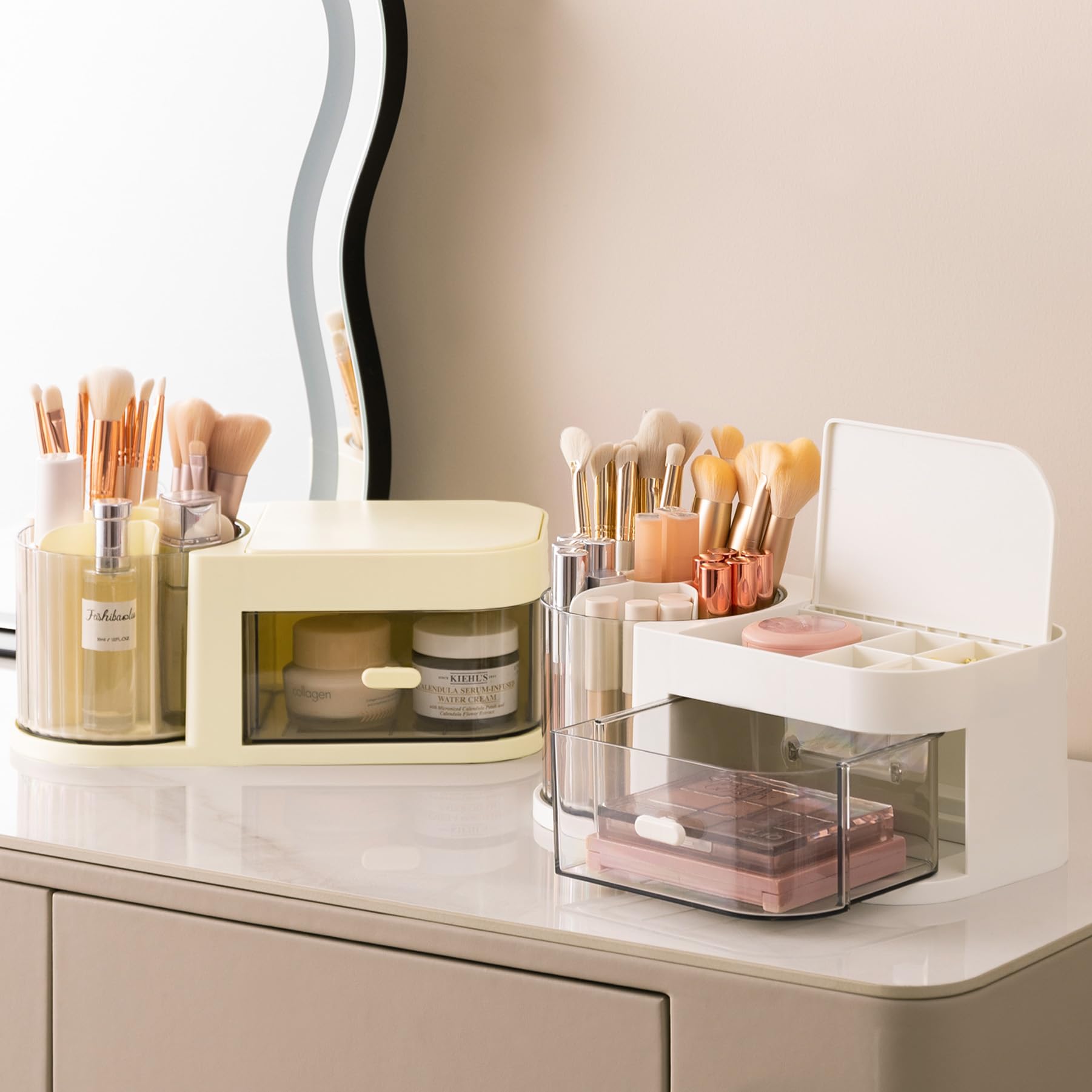 Moikiwi Makeup Organizer, 360-Degree Rotating Desk Organizers With Lid, Cosmetic Display Case With Drawer, Art Supply Storage Bo