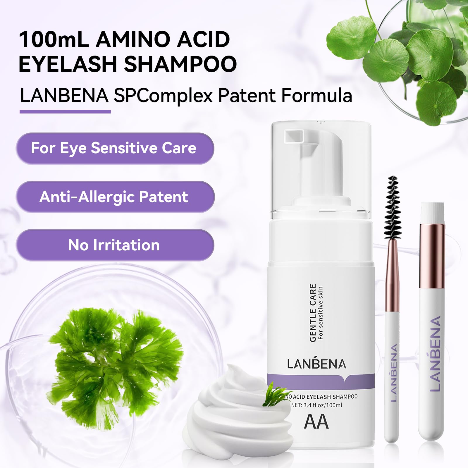 Lanbena 100Ml Eyelash Extension Cleanser, Lash Shampoo For Lash Extensions, Amino Acid Eyelash Shampoo Oil Free Foam Lash Bath F