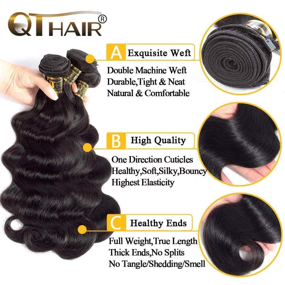 QTHAIR 14A Brazilian Body Wave Bundles with Closure (12 14+10inch) Brazilian Virgin Human Hair Body Wave Bundles with 4x4 Lace C