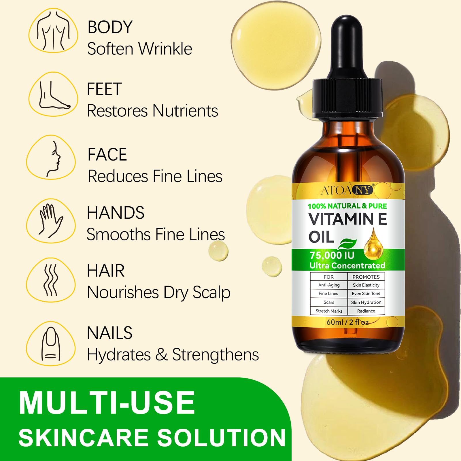 Vitamin E Oil, 75000 IU Ultra Concentrated - 100% Natural & Pure Vitamin E Oil for Face, Skin, Scars - Moisturizes Dry Skin & Re