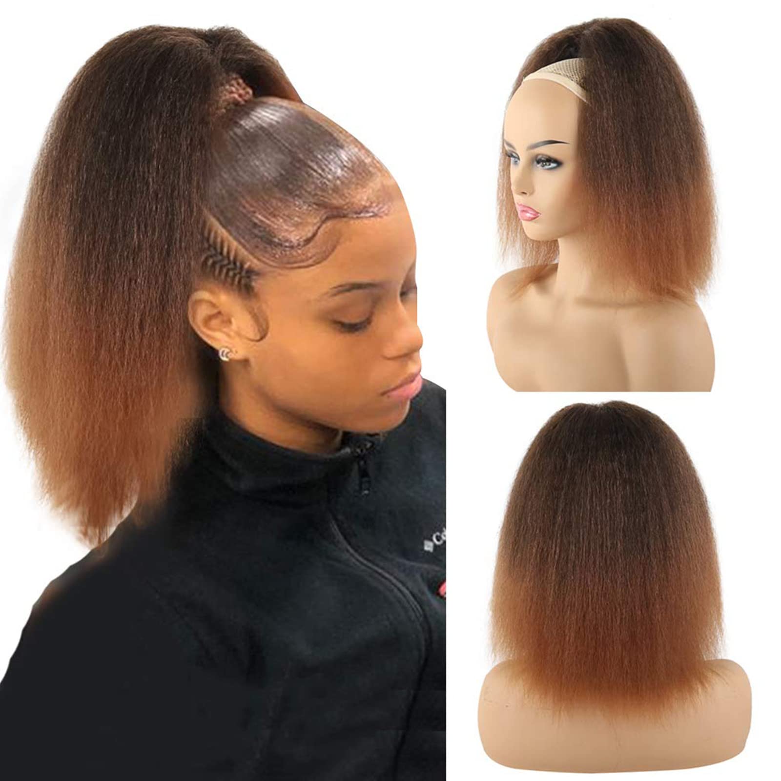 LEOSA 14 inch Drawstring Ponytails for Black Women Short Ombre Brown Yaki Straight Drawstring Ponytail Hair Extensions (14 Inch,