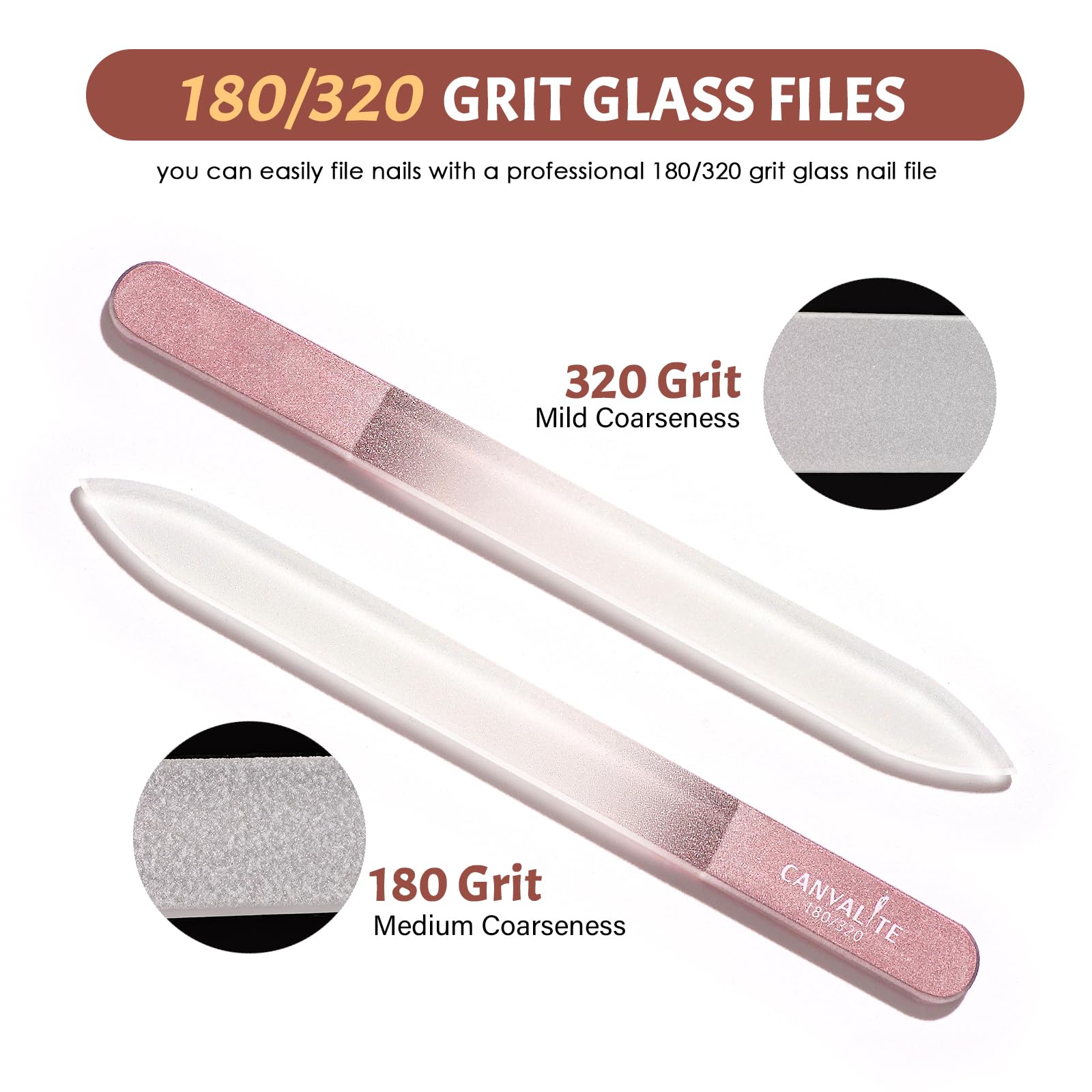 Canvalite Glass Nail File For Natural Nails Double Sided 180/320 Grit Crystal Nail Files With Case Glass Fingernail File Stockin